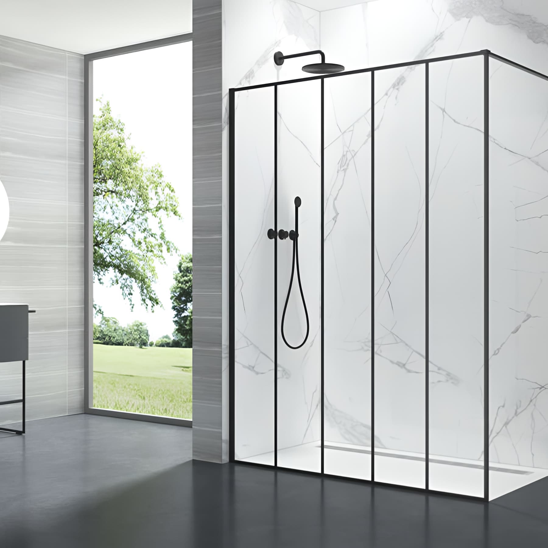Paroi de douche verrière 5 panneaux largeur 150 cm hauteur 200 cm profilé noir verre clair clean