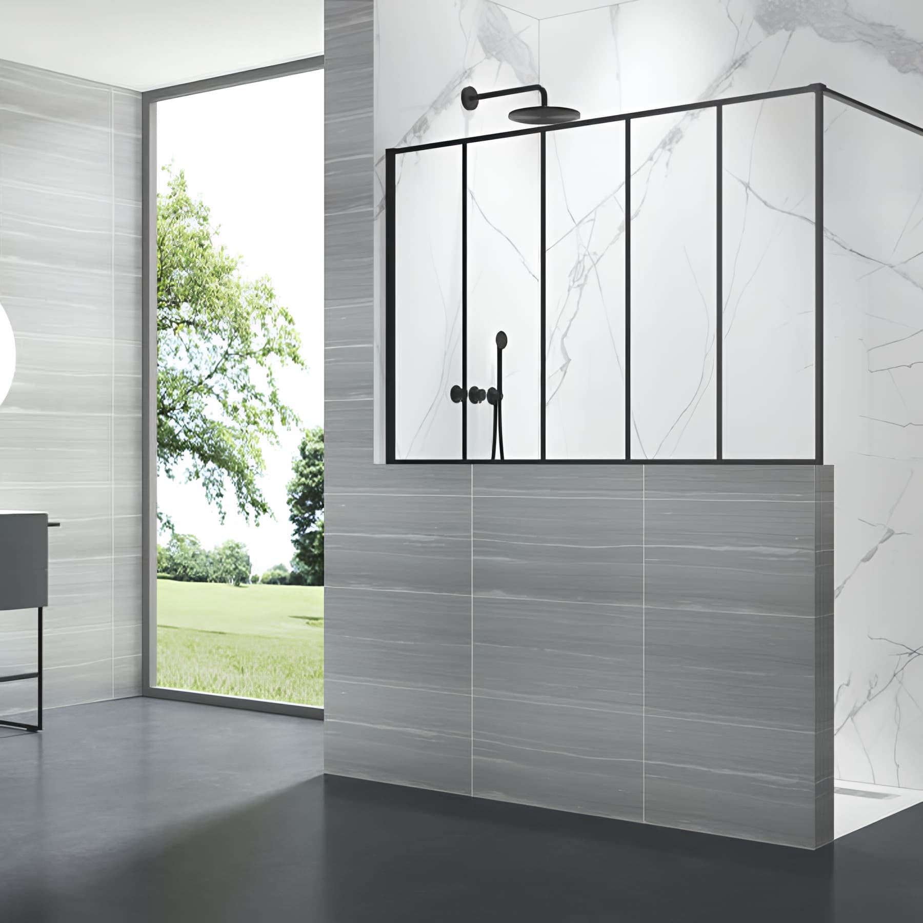 Paroi de douche verrière 5 panneaux largeur 150 cm hauteur 100 cm profilé noir verre clair clean