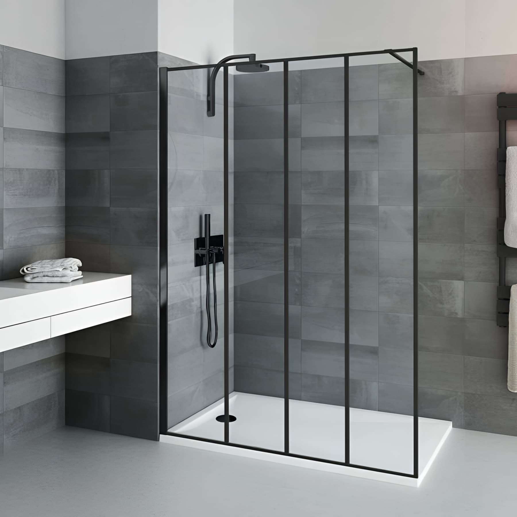 Paroi de douche verrière 4 panneaux largeur 160 cm hauteur 200 cm profilé noir verre clair clean