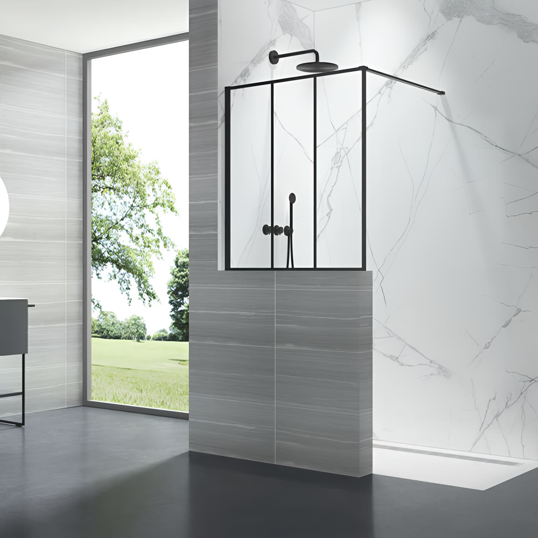 Paroi de douche verrière 3 panneaux largeur 120 cm hauteur 100 cm profilé noir verre clair clean