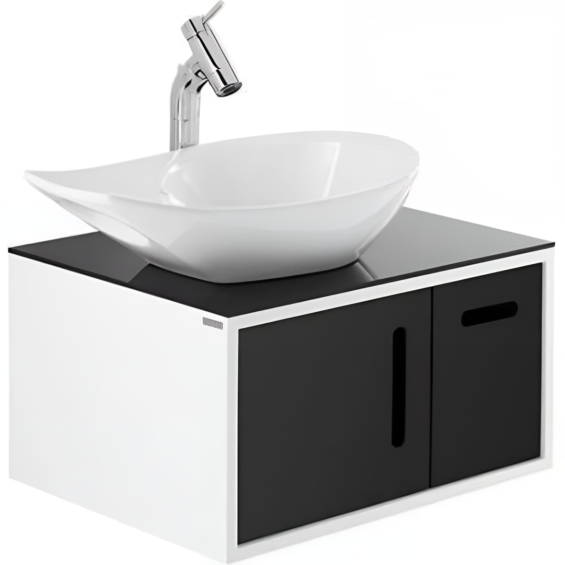 Meuble salle de bains suspendu 65x52 SANINDUSA Join meuble blanc 2 portes et plan verre noir pré-percé vidage (vasque Join en option non inclus)