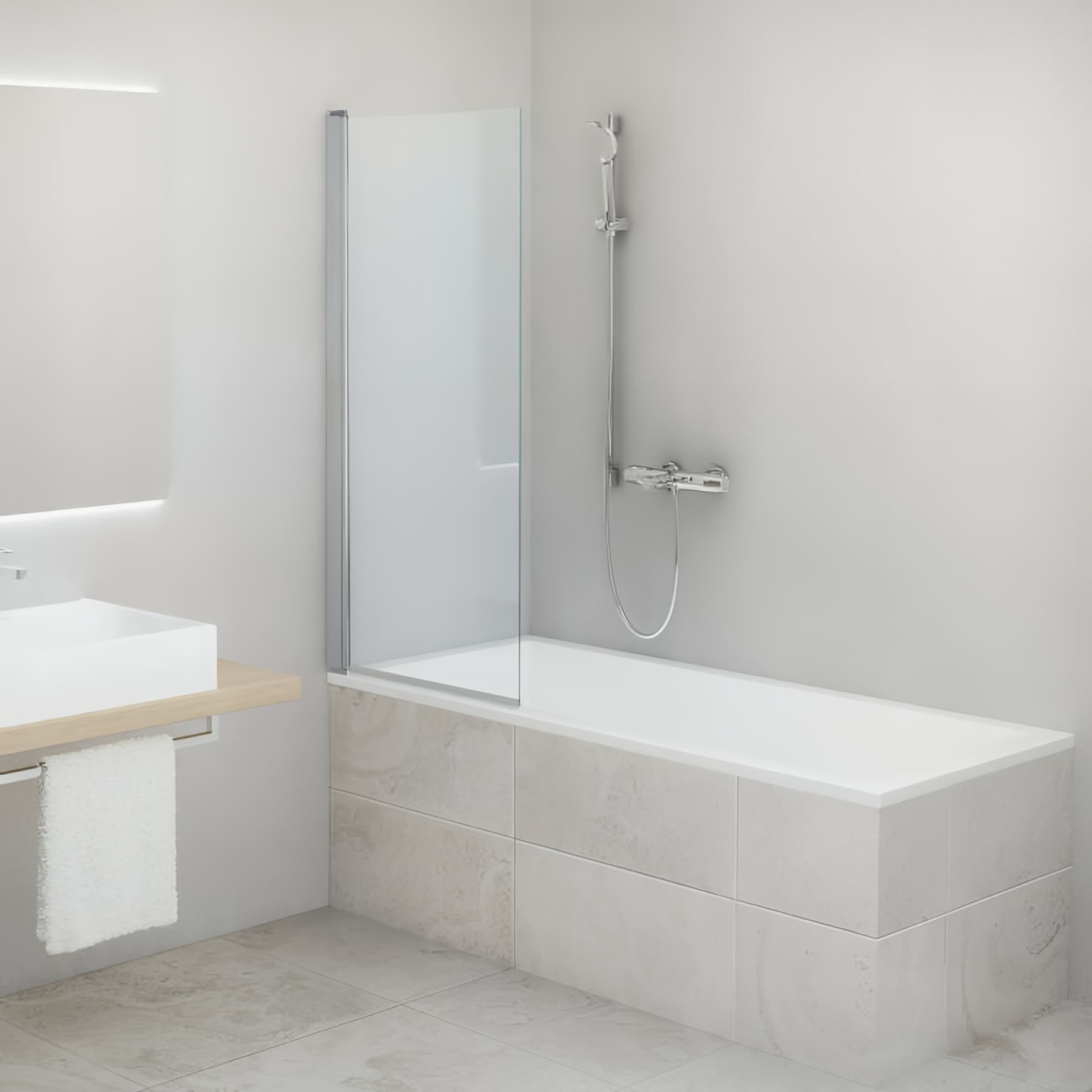 Pare bain largeur 75cm hauteur 150 cm profilé argent poli verre clair clean