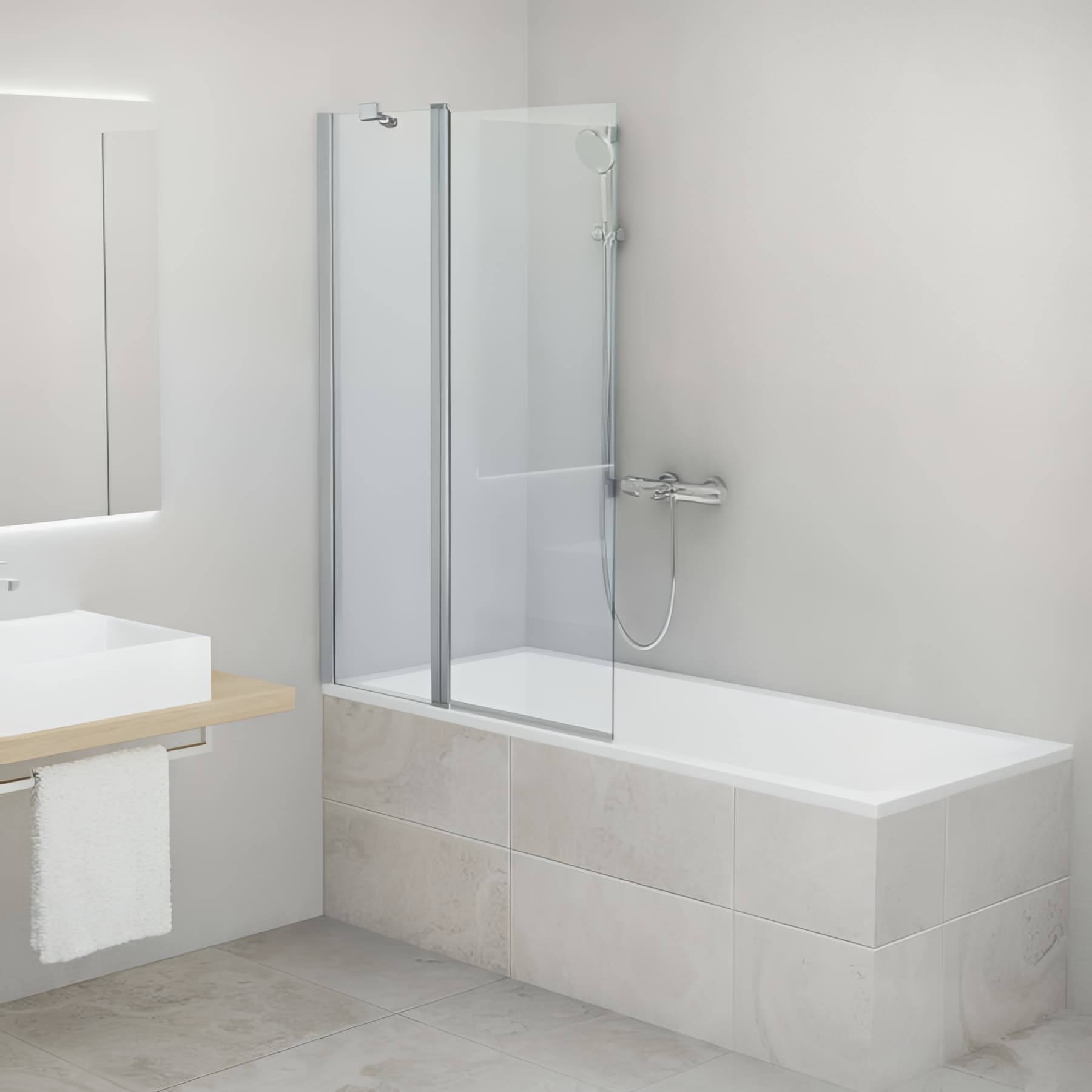 Pare bain largeur 110 cm hauteur 150 cm profilé argent poli verre clair clean