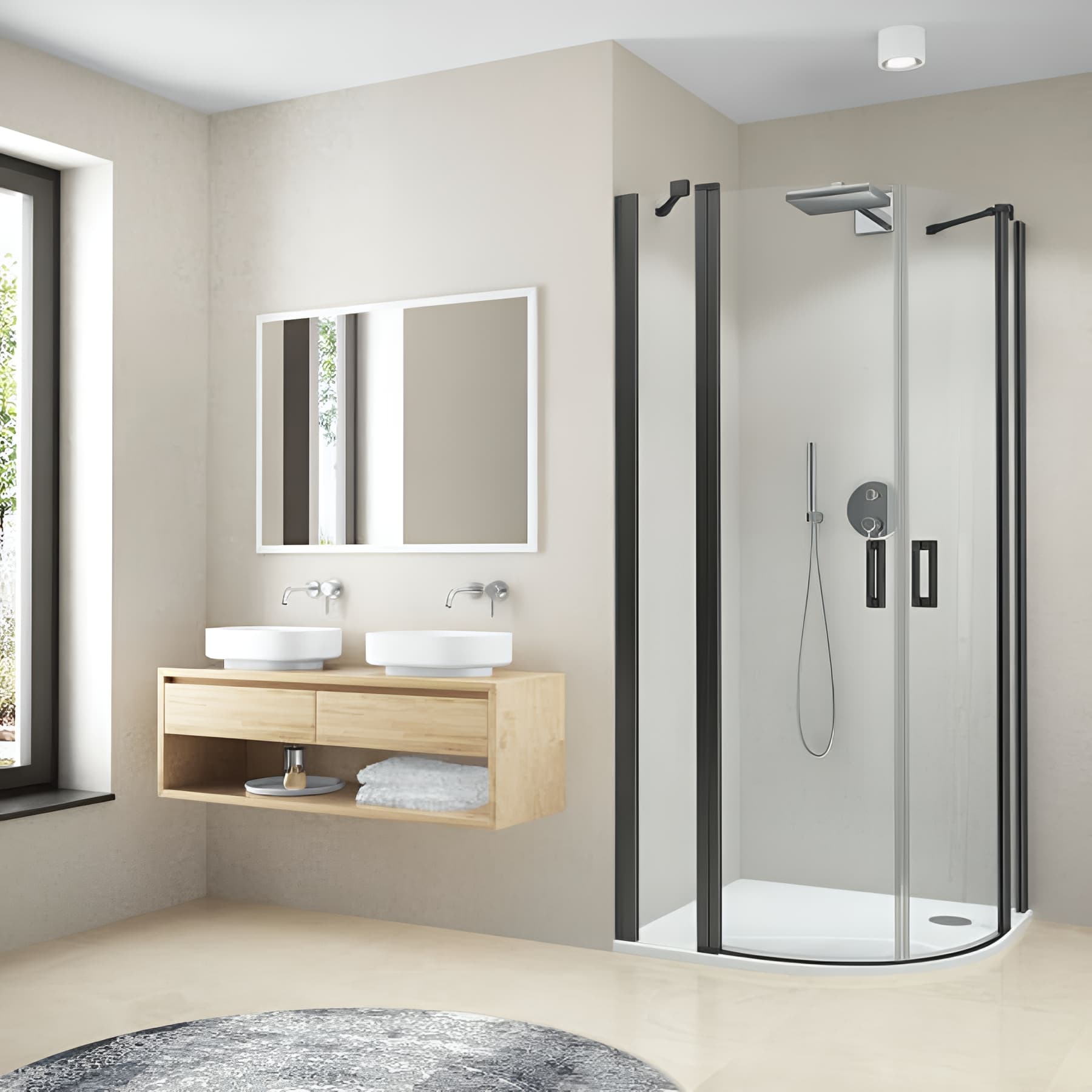 Paroi de douche arrondie pivotante largeur 90cm hauteur 200 cm profilé noir verre clair clean