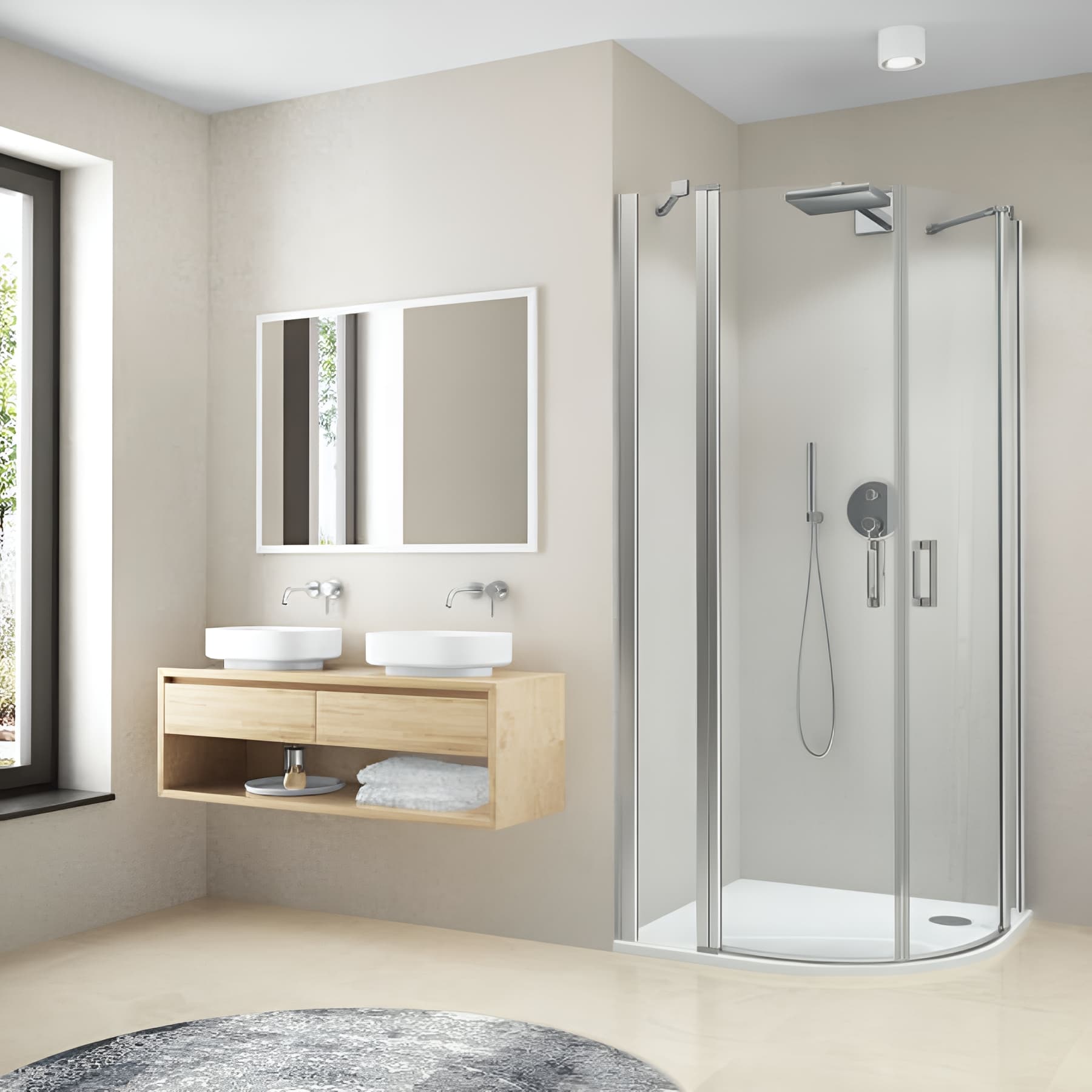 Paroi de douche arrondie pivotante largeur 90cm hauteur 200 cm profilé argent poli verre clair clean