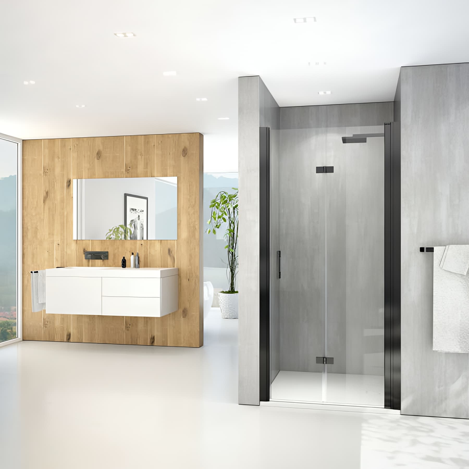 Paroi de douche pivotante repliable largeur 75cm hauteur 200 cm profilé noir verre clair clean