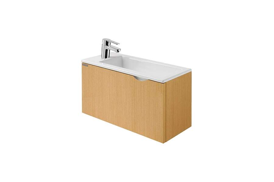 Ensemble lave-main de WC avec meuble gain de place comprenant : meuble+vasque+mitigeur+vidage SANINDUSA Alicante 60 couleur hêtre