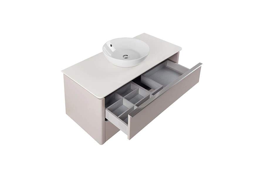 Meuble salle de bains suspendu bicolore blanc et taupe SANINDUSA Sanlife 100 plan percé pour vidage de vasque a poser (vasque non inclus)