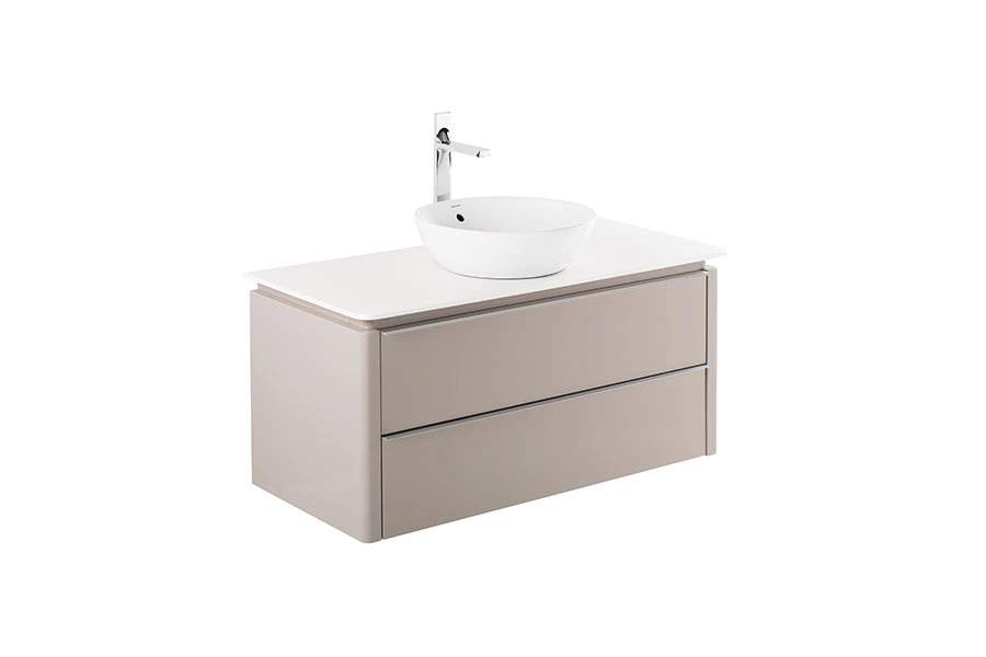 Meuble salle de bains suspendu bicolore blanc et taupe SANINDUSA Sanlife 100 plan pré-percé pour vidage de vasque à poser et mitigeur (non inclus)