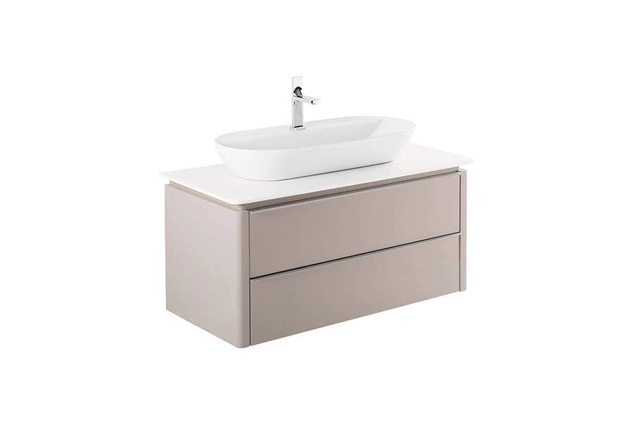 Meuble salle de bains suspendu bicolore blanc et taupe SANINDUSA Sanlife 100 plan pré-percé pour vidage de vasque à poser (mitigeur non inclus)