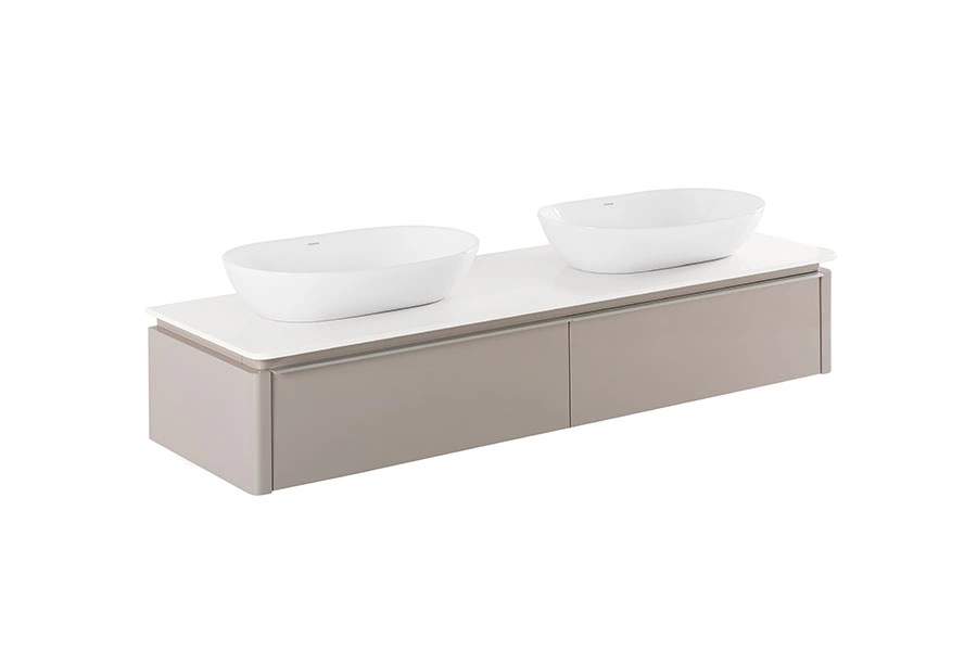 Meuble salle de bains double vasques suspendu bicolore blanc et taupe SANINDUSA Sanlife 160 plan pré-percé pour vidage de 2 vasques (non inclus)