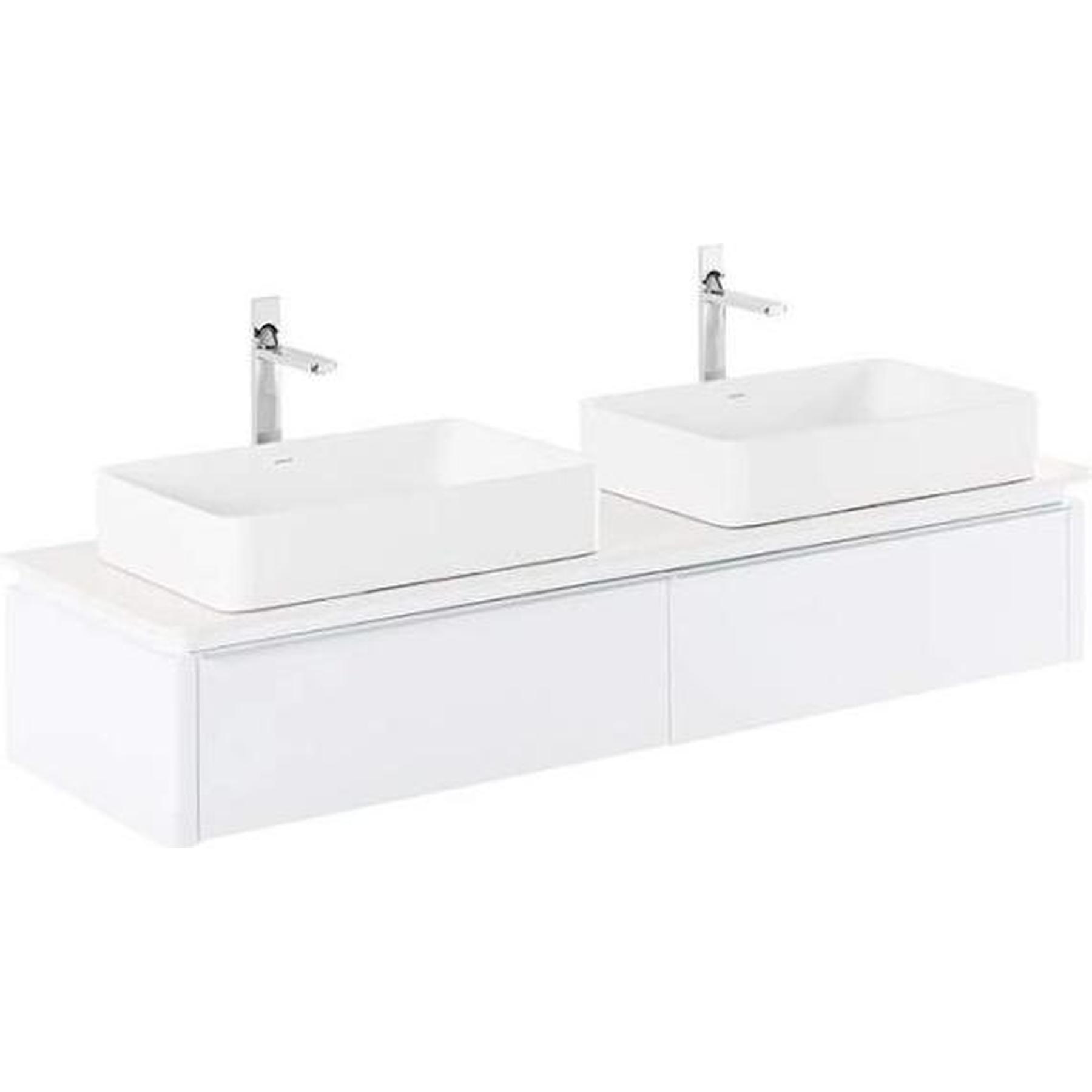 Meuble salle de bains suspendu 160 Gamme PRO SANINDUSA plan perce pour Vasque et robinet sur plan Sanlife couleur blanc/taupe