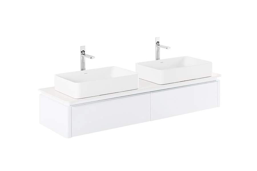 Meuble salle de bains double vasques suspendu blanc SANINDUSA Sanlife 160 plan pré-percé pour vidage de 2 vasques et 2 mitigeur (non inclus)