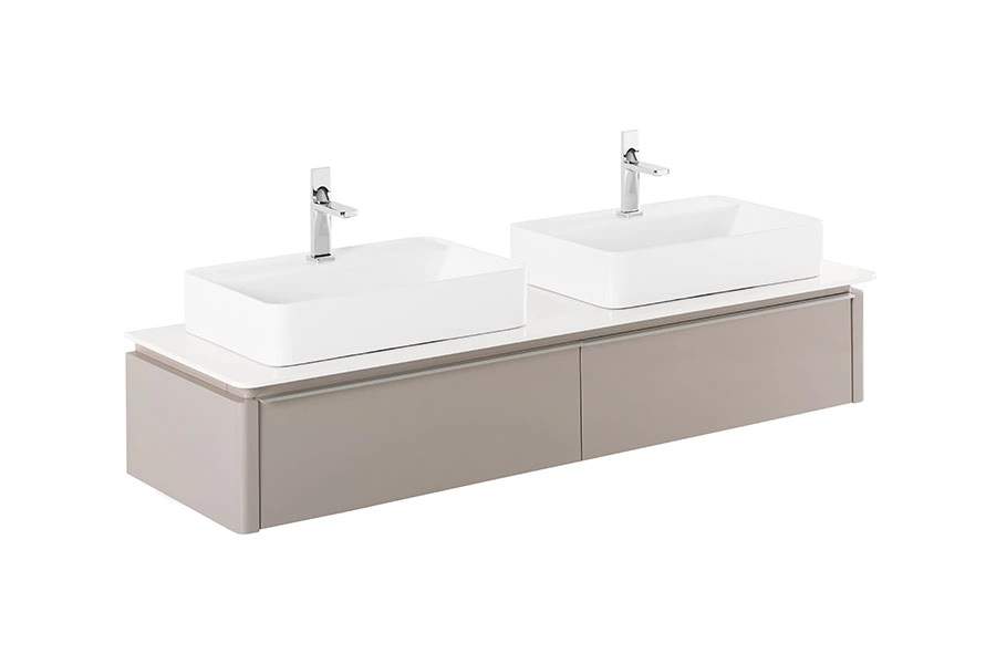 Meuble salle de bains double vasques suspendu blanc taupe SANINDUSA Sanlife 160 pré-percé pour vidage 2 vasques 2 mitigeurs sur vasques (non inclus)