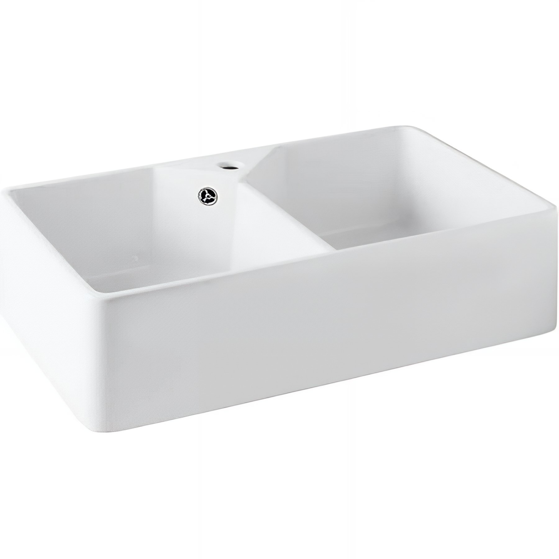 Évier 2 bacs séparés par une cloison à encastrer 80x50cm hauteur 22cm céramique SANINDUSA Farmhouse blanc livré avec bondes