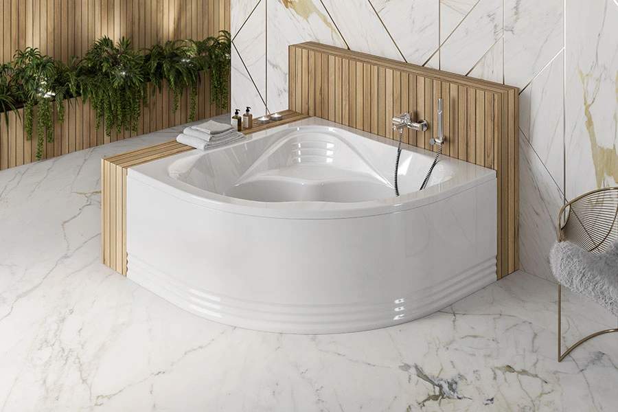 Baignoire d'angle 140x140 acrylique haute densité SANINDUSA Agres blanche livrée avec pieds réglables (tablier non inclus)