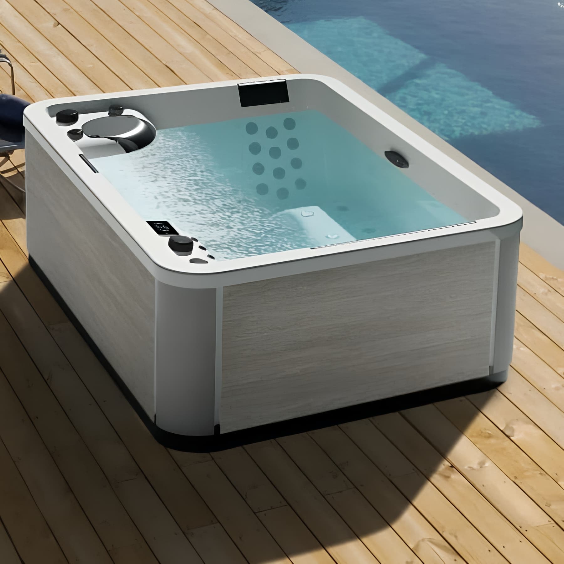 Spa A300V2 3 places coque couleur Sterling relax AirTurbo Design Ozone livré avec tablier Rattan aspect bois lattes grises (choix à la commande)