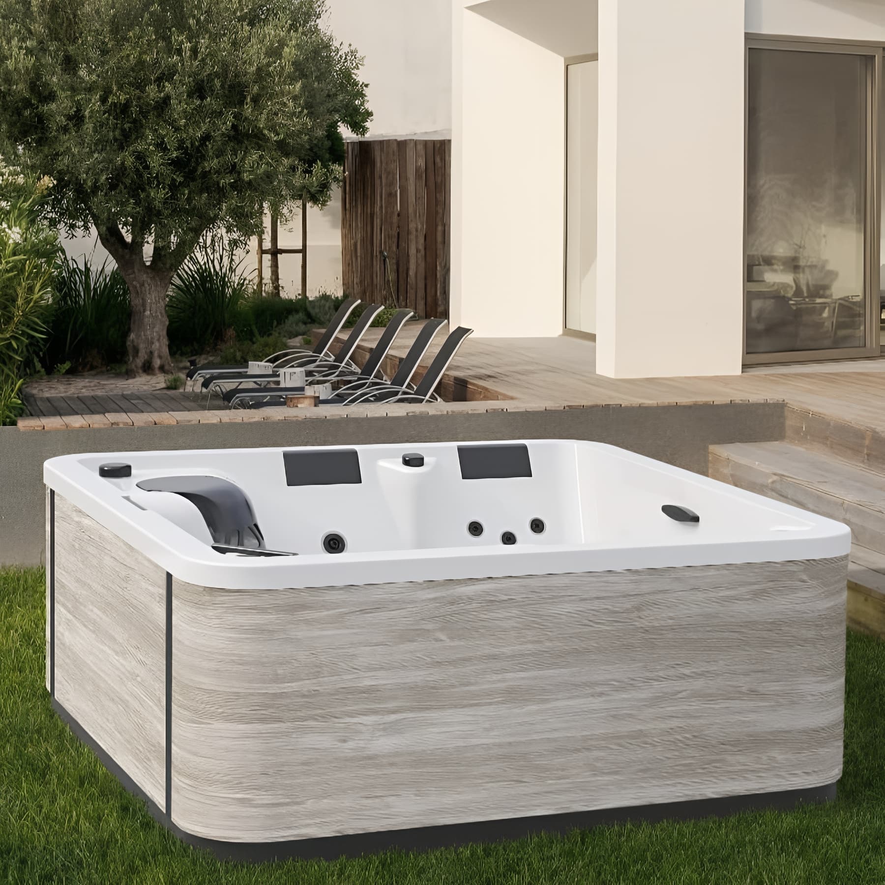 Spa A400 V2 5 places coque couleur Blanc relax AirTurbo Design Ozone livré avec tablier Rattan aspect bois lattes grises (choix à la commande)