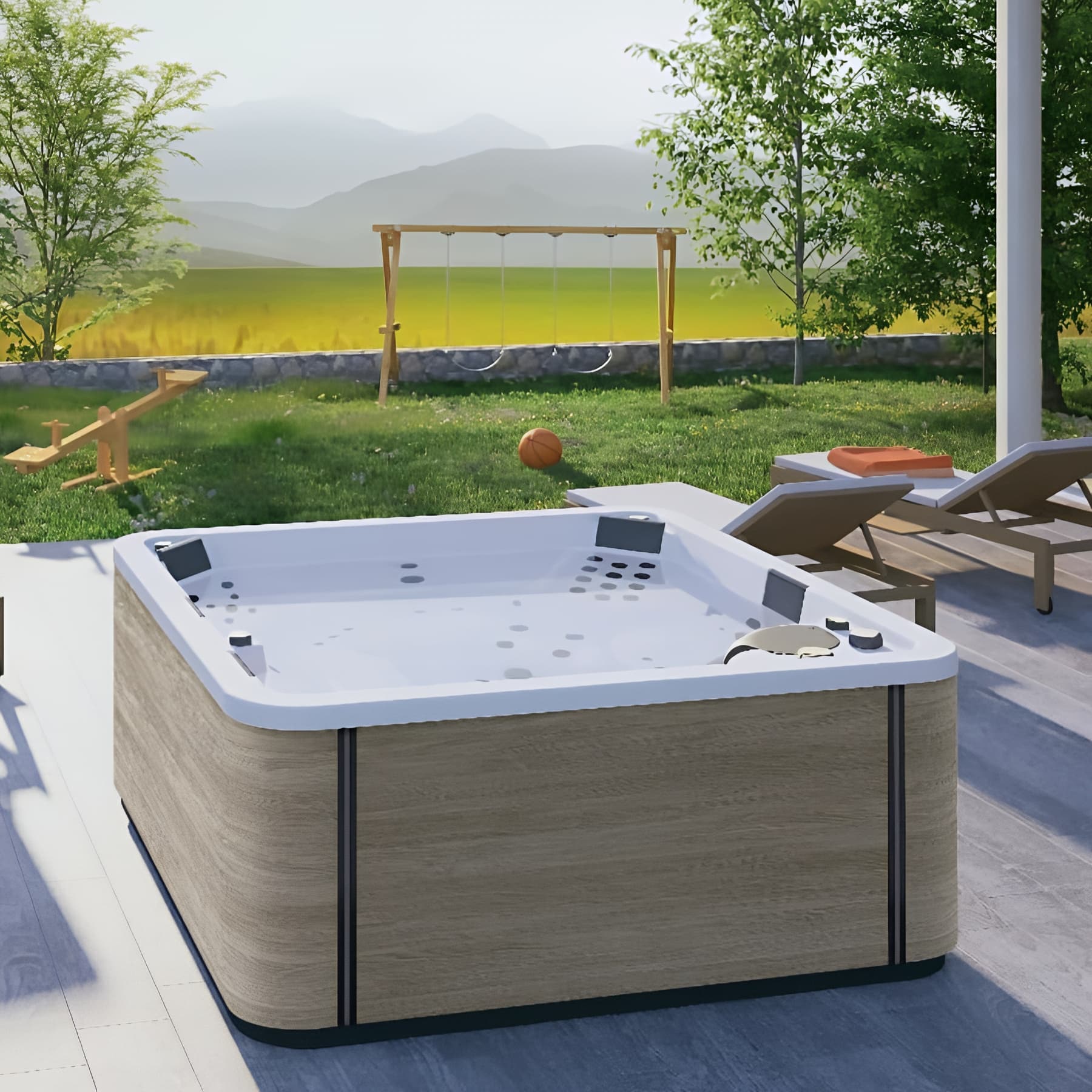 Spa A500 6 places coque couleur Blanc relax AirTurbo Design Ozone livré avec tablier Rattan aspect bois lattes grises (choix à la commande)