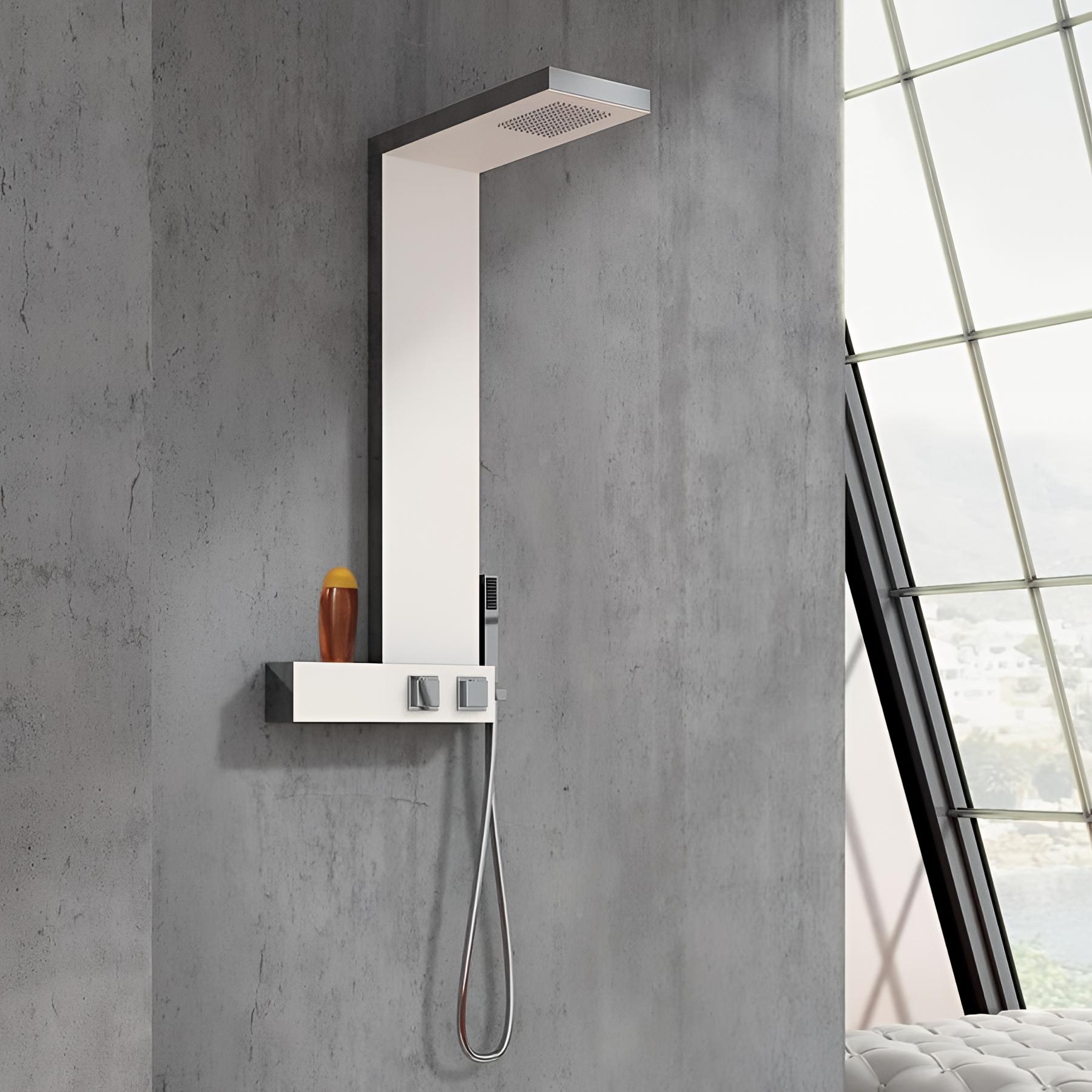 Colonne de douche KINEDO AQUADESIGN équipée mitigeur thermostatique teinte de finition inox colonne de douche gamme PRO fabriquée en France