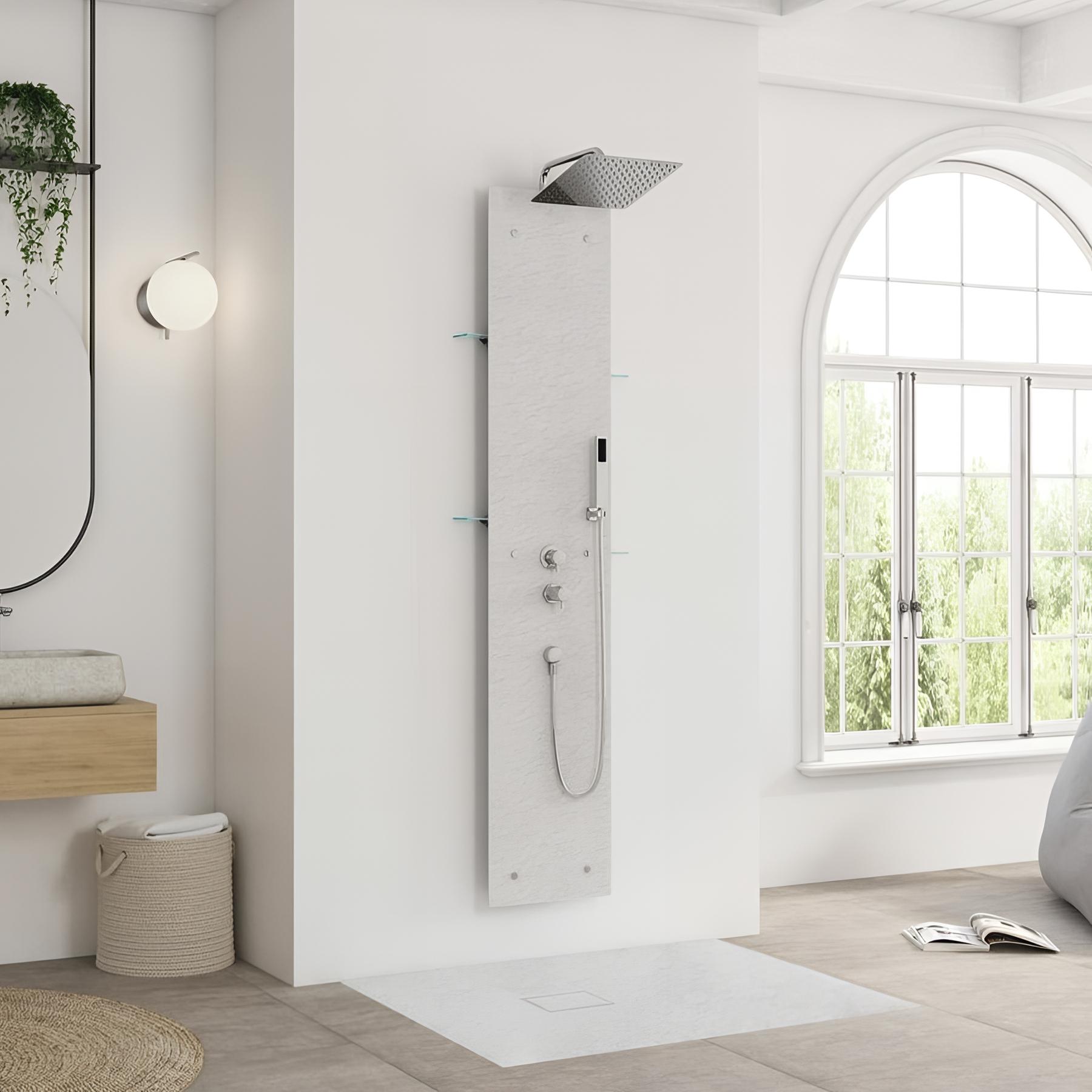 Colonne de douche KINEDO AQUAWALL PIETRA couleur blanc équipée mitigeur thermostatique colonne de douche gamme PRO fabriquée en France