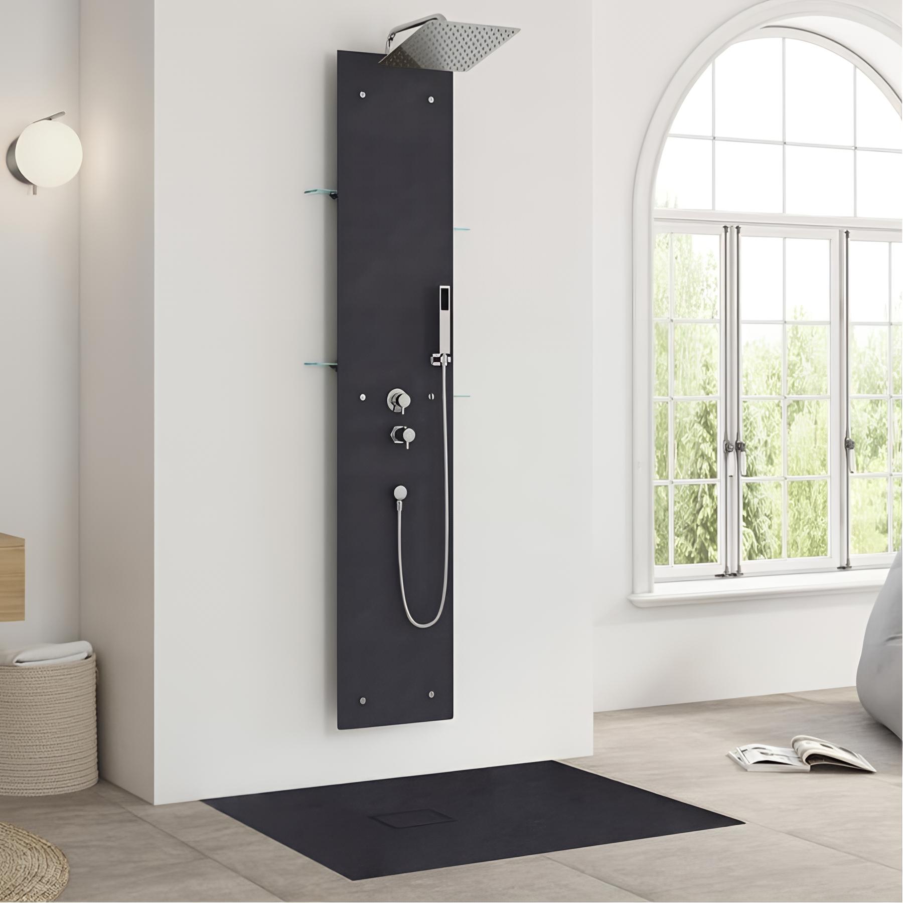 Colonne de douche KINEDO AQUAWALL PIETRA équipée mitigeur thermostatique couleur gris anthracite colonne de douche gamme PRO fabriquée en France
