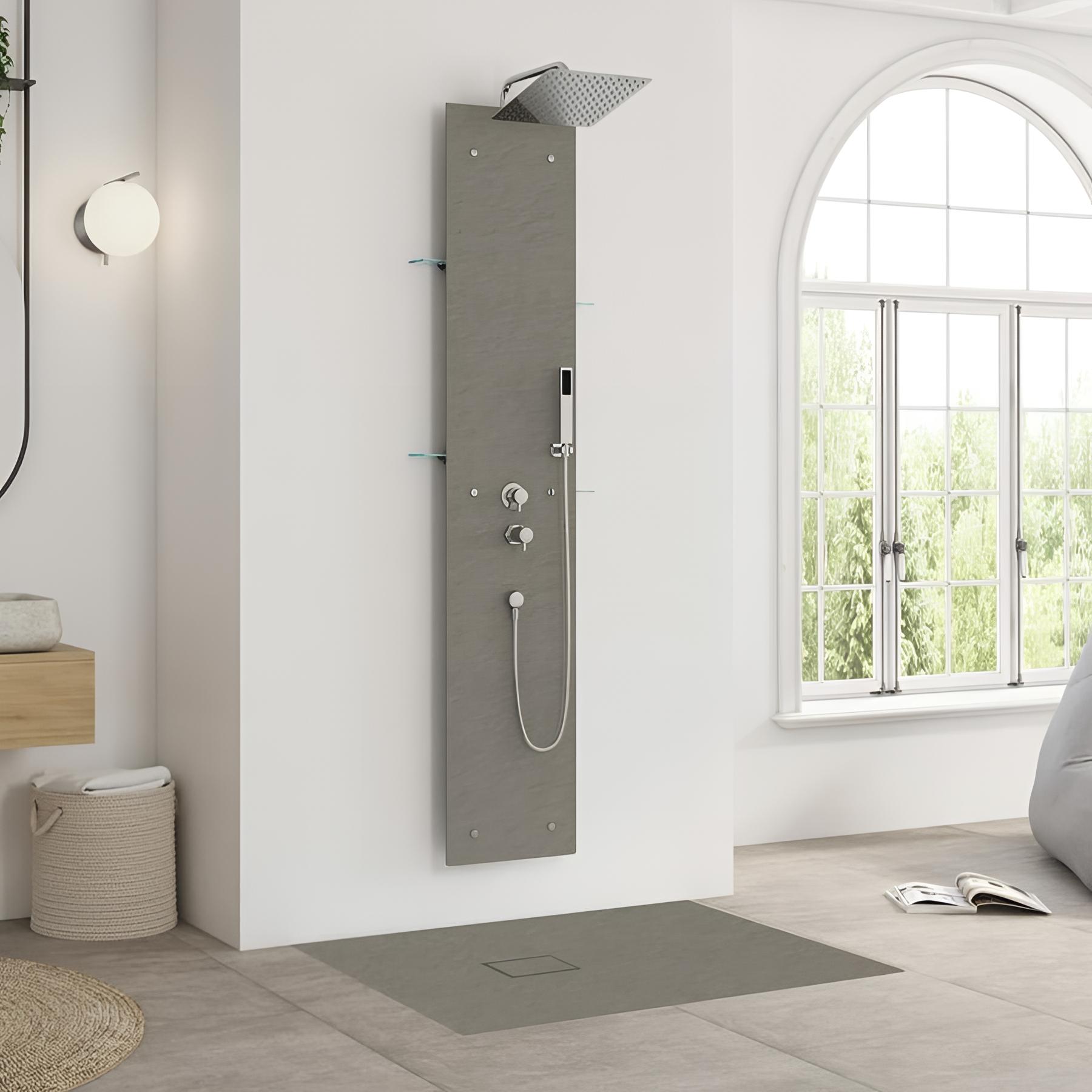 Colonne de douche KINEDO AQUAWALL PIETRA couleur gris béton équipée mitigeur thermostatique colonne de douche gamme PRO fabriquée en France