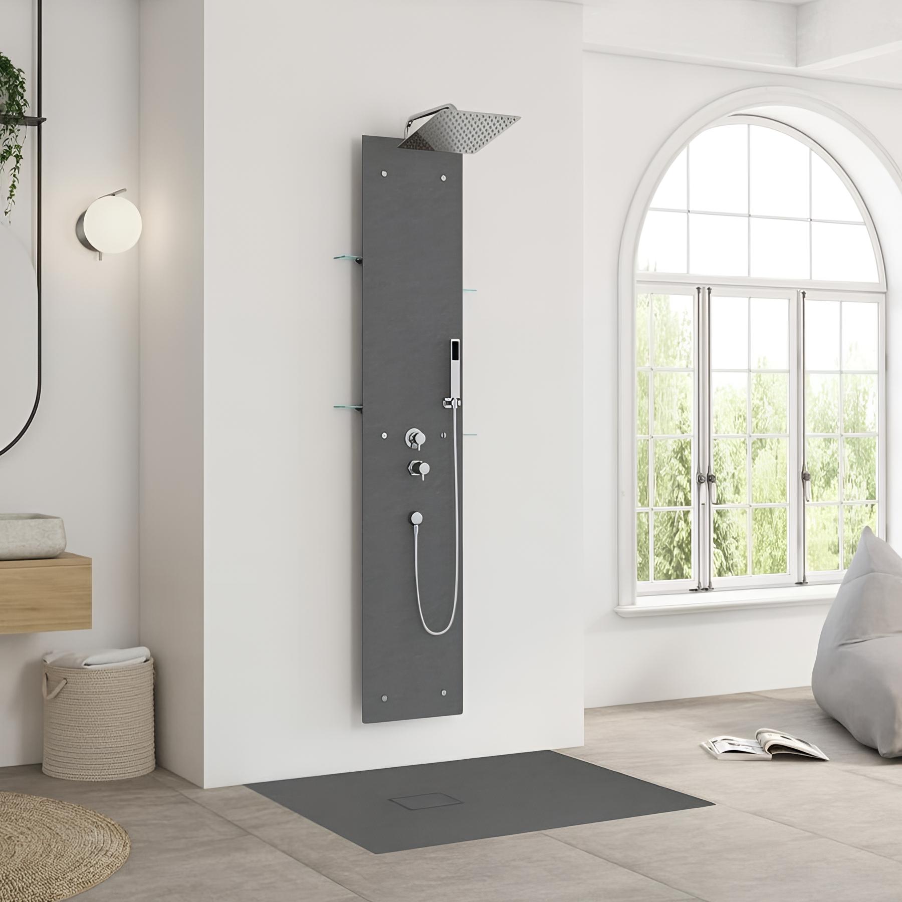 Colonne de douche KINEDO AQUAWALL PIETRA couleur taupe équipée mitigeur thermostatique colonne de douche gamme PRO fabriquée en France