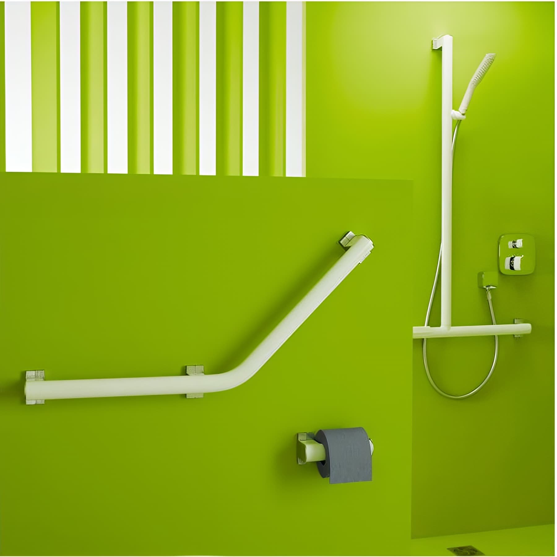 Barre appui coudée 135° PMR normes handicapé Gamme PRO PELLET 3 points de fixation symétrique 418x418mm alu blanc-chromé Ø38x25mm