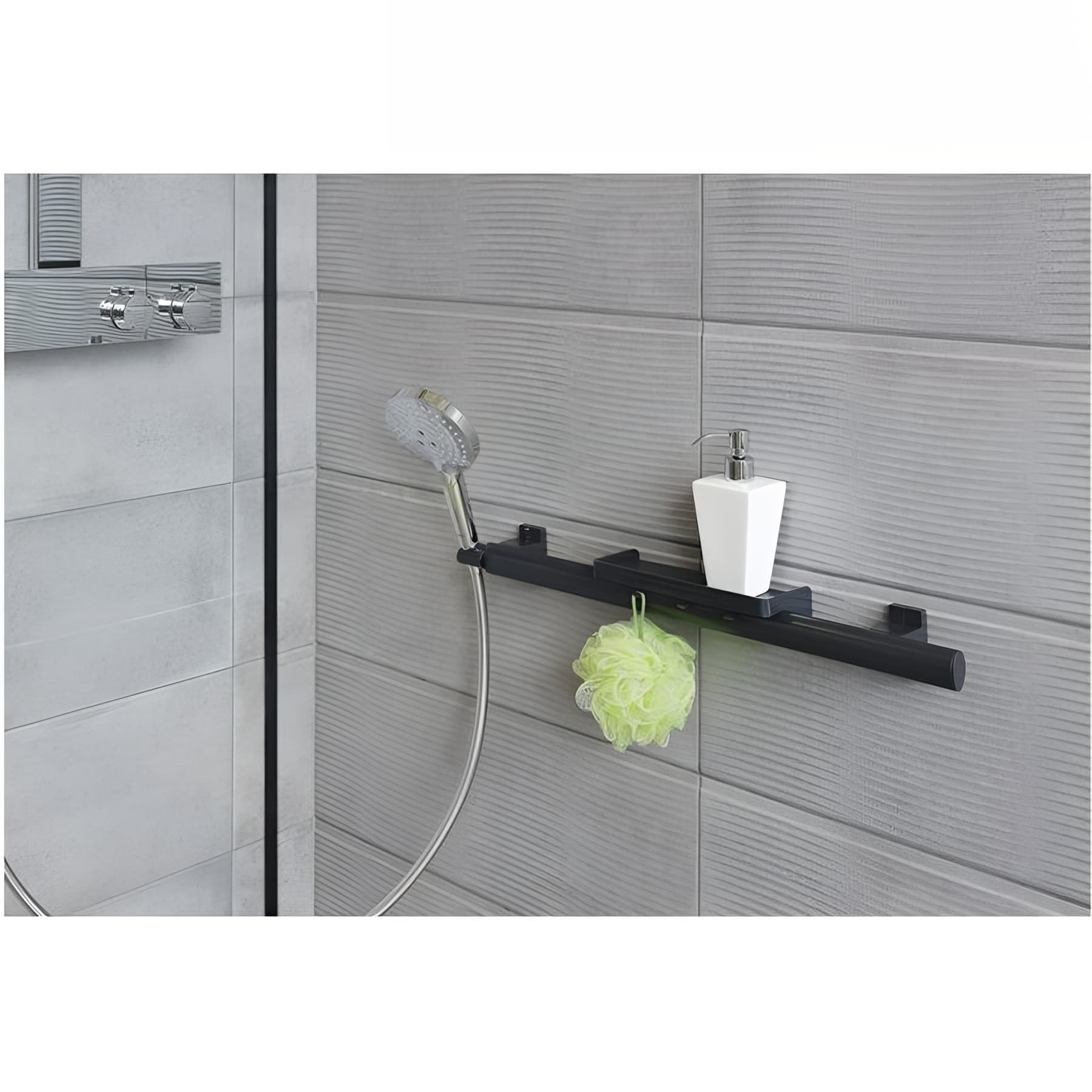 Barre appui multifonctions douche 500mm PMR normes handicapé Gamme PRO PELLET support douchette tablette anthracite anodisé