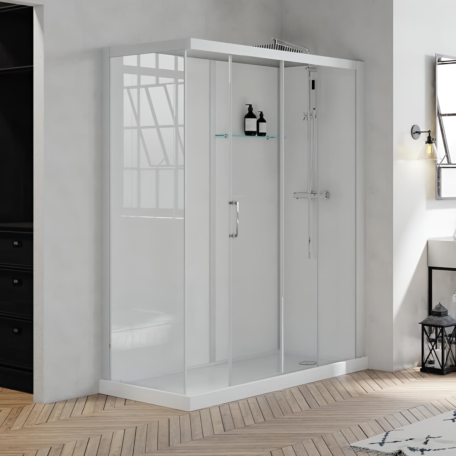 Cabine de douche KINEDO BROOKLYN 160x80 installation en angle 1 porte coulissante verre transparent mitigeur thermostatique fabriquée en France
