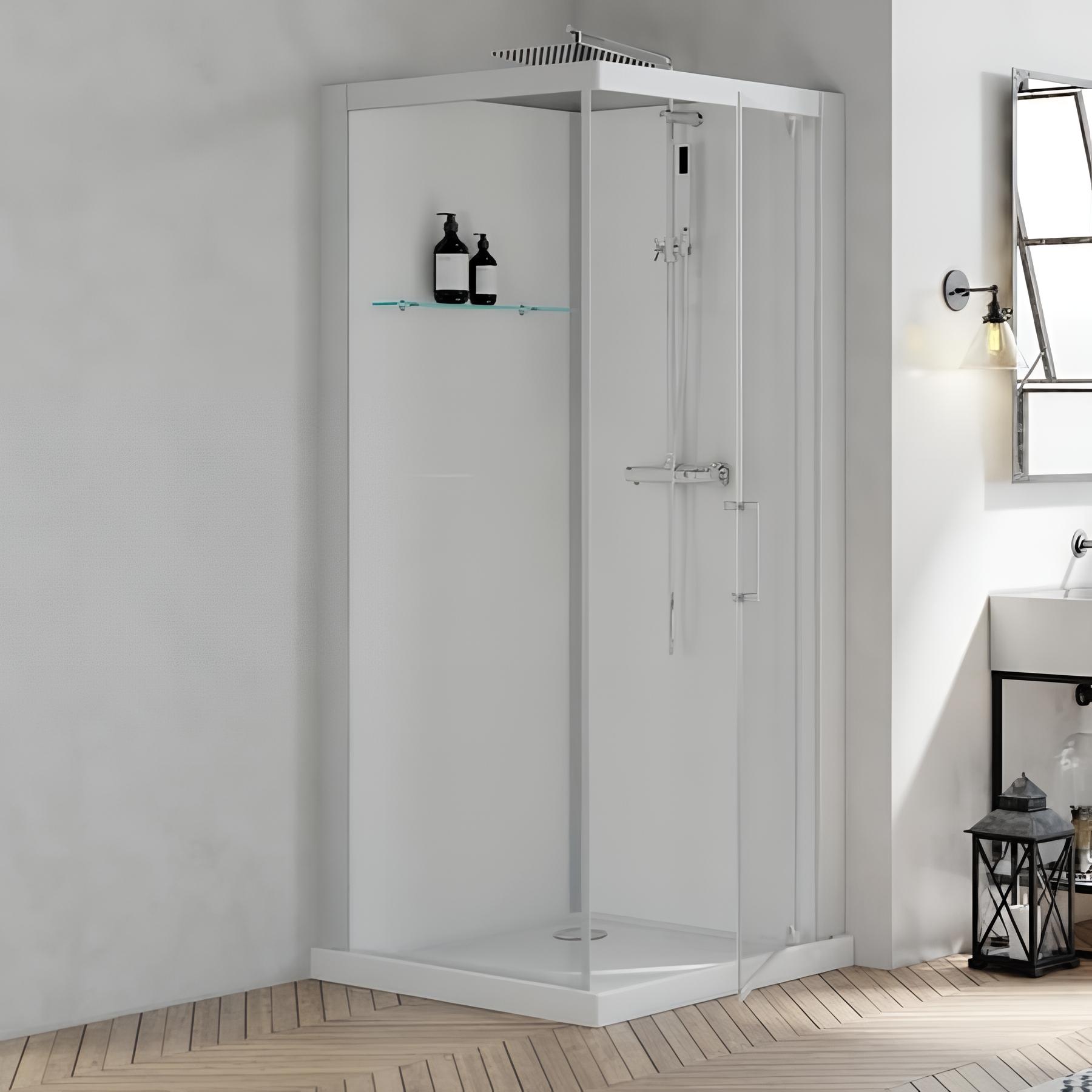 Cabine de douche KINEDO BROOKLYN 90x90 installation en angle 2 portes coulissantes verre transparent mitigeur thermostatique fabriquée en France