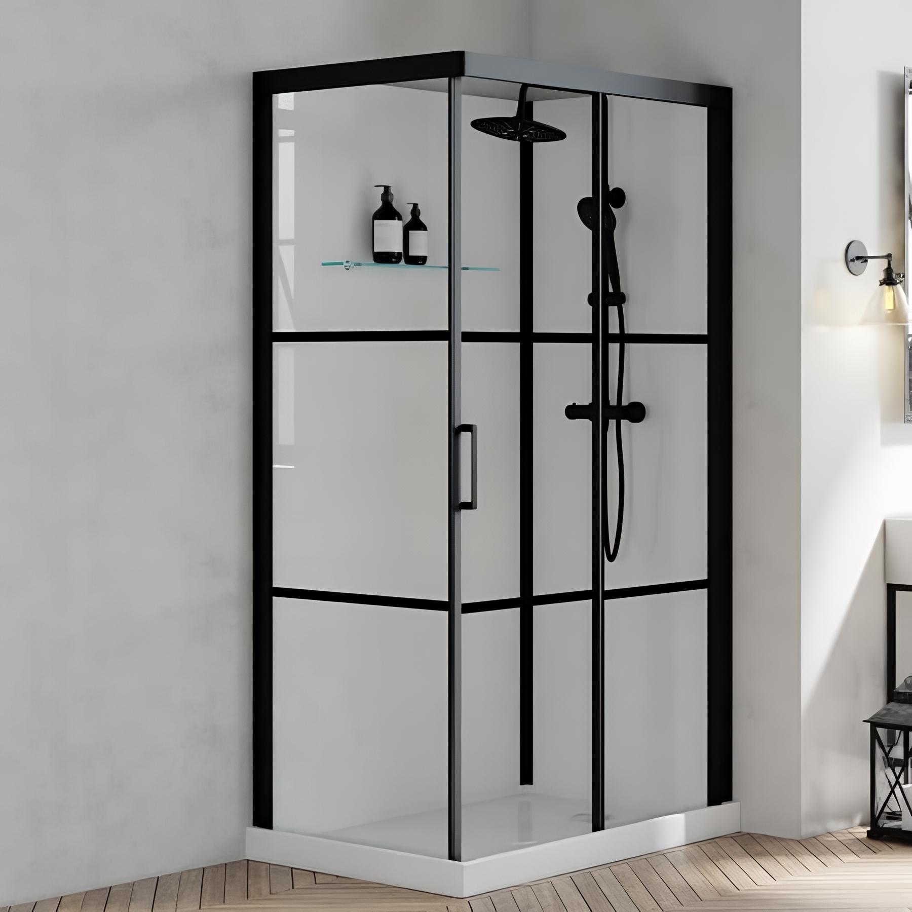 Cabine de douche KINEDO BROOKLYN FACTORY 110x80 installation en angle 1 porte coulissante décors 2 bandes mitigeur thermostatique fabriquée en France