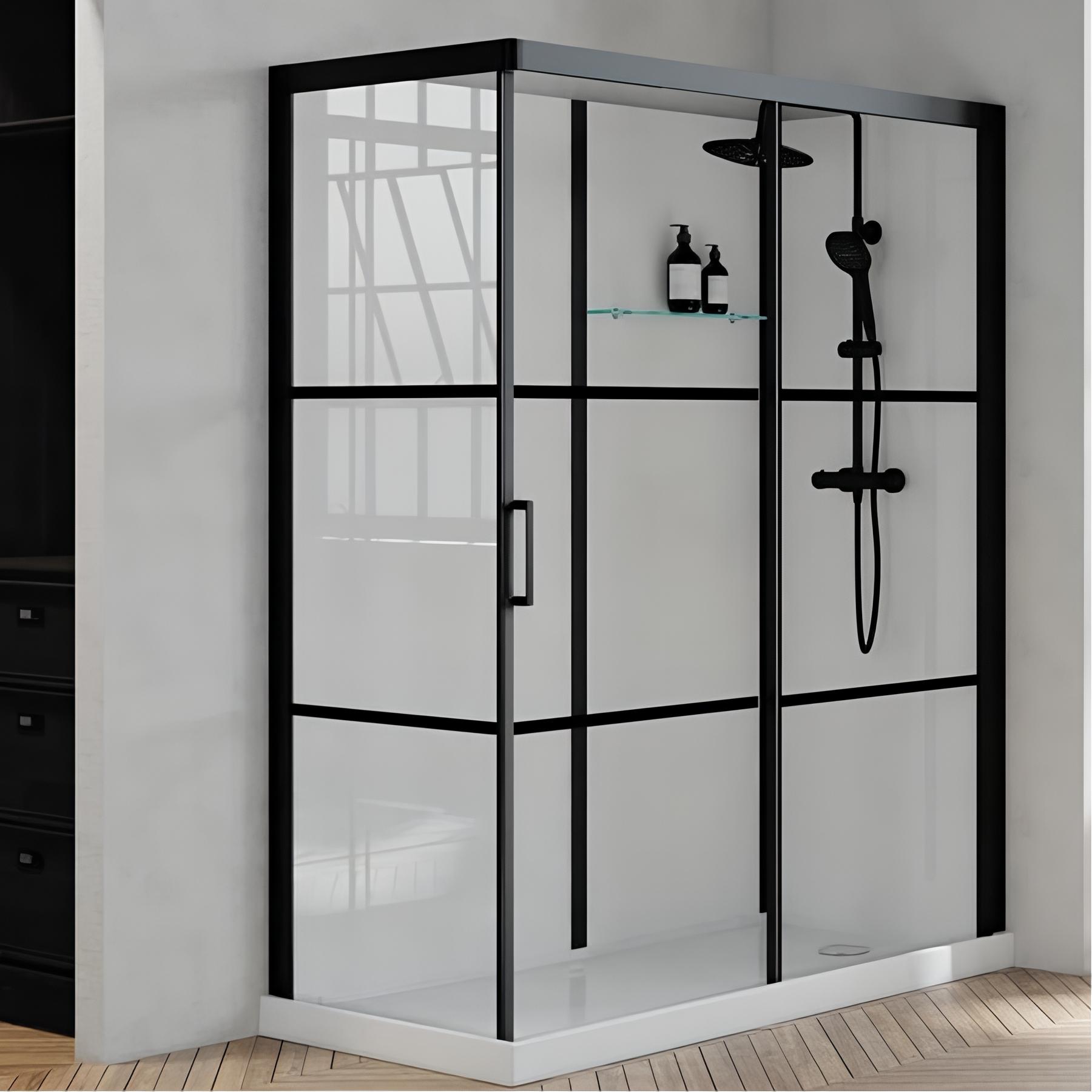 Cabine de douche KINEDO BROOKLYN FACTORY 160x80 installation en angle 1 porte coulissante décors 2 bandes mitigeur thermostatique fabriquée en France