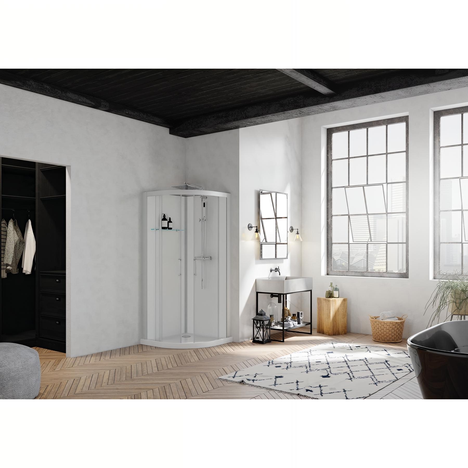 Cabine de douche KINEDO BROOKLYN 90x90 1/4 de rond en angle 2 portes coulissantes verre transparent mitigeur thermostatique fabriquée en France