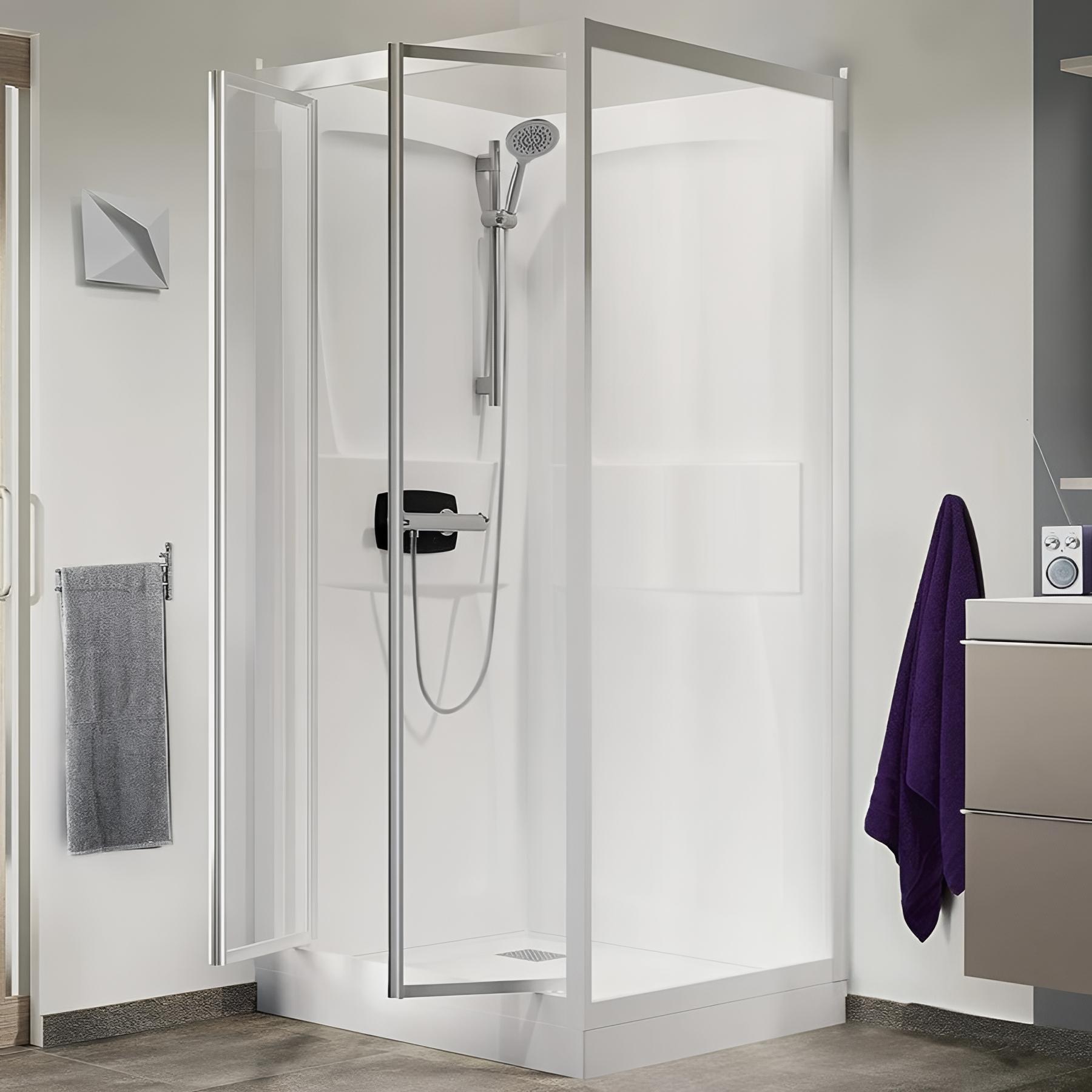Cabine de douche d'angle KINEDO KINEPRIME 80x80 verre transparent 2 portes pivotantes hauteur du receveur de douche 18cm mitigeur thermostatique