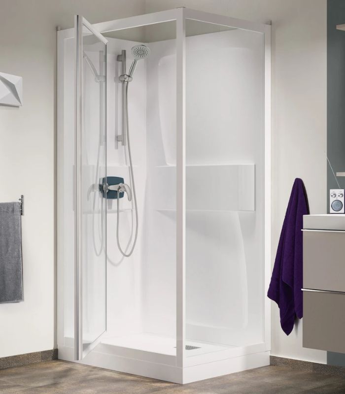 Cabine de douche d'angle KINEDO KINEPRIME 100x80 1 porte pivotante verre transparent hauteur du receveur de douche 18cm mitigeur mécanique