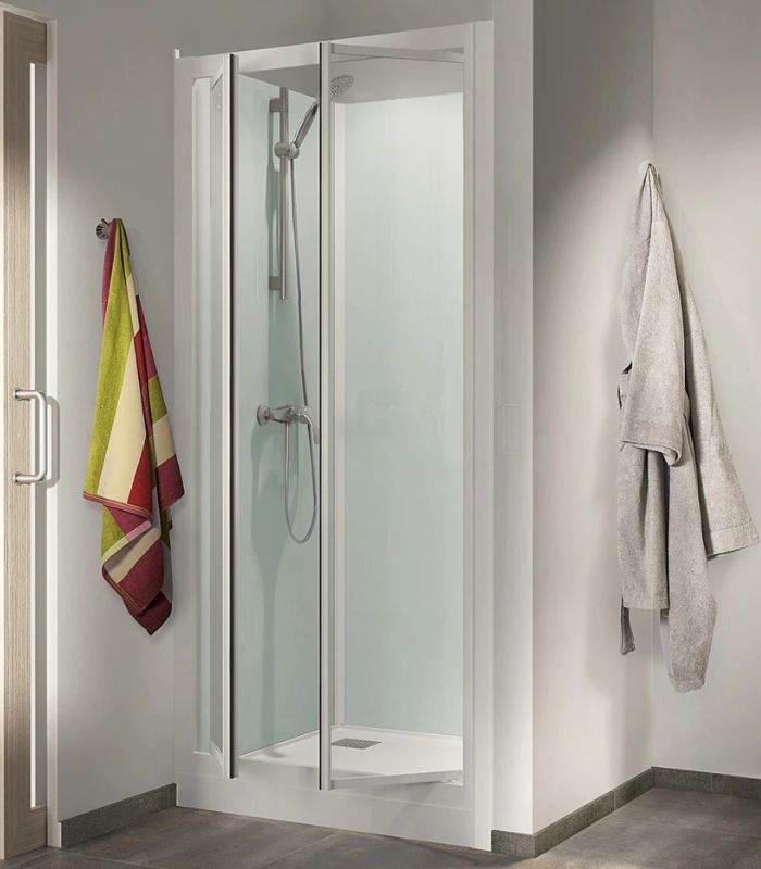 Cabine KINEDO GLASS 80x80 installation en niche hauteur du receveur 18cm 2 portes pivotantes fabriquée en France mitigeur thermostatique