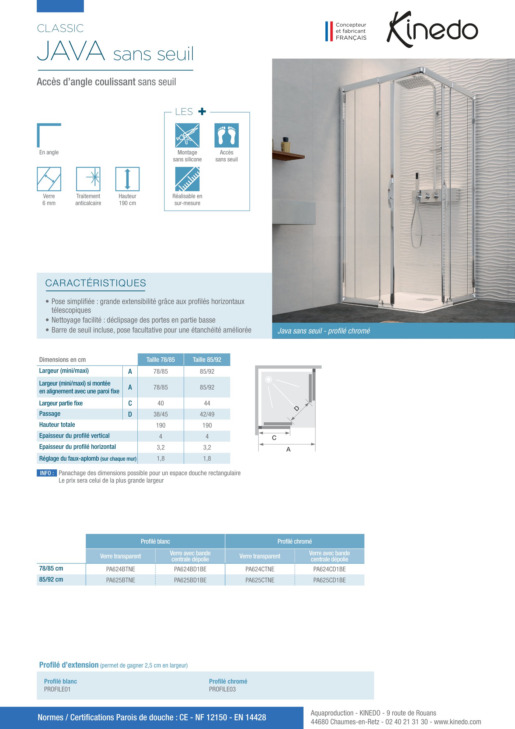 Paroi de douche d'angle JAVA Classic portes coulissantes largeur