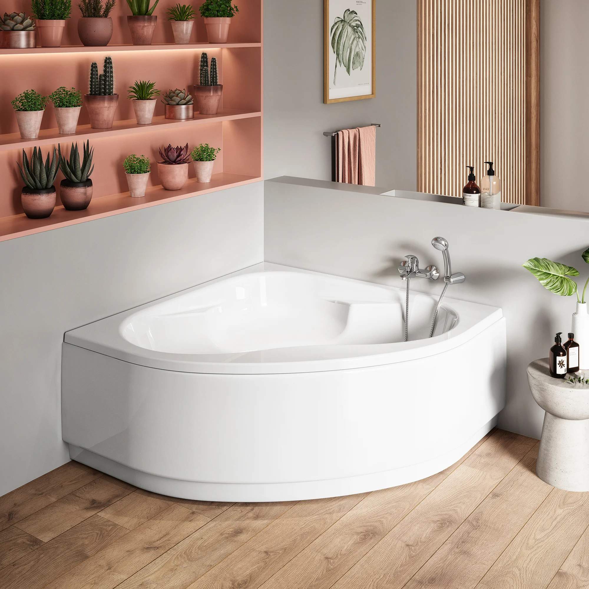 Baignoire d'angle acrylique haute densité SANINDUSA ALFA 145x145 blanche livrée avec pieds réglables (tablier et mitigeur non inclus)