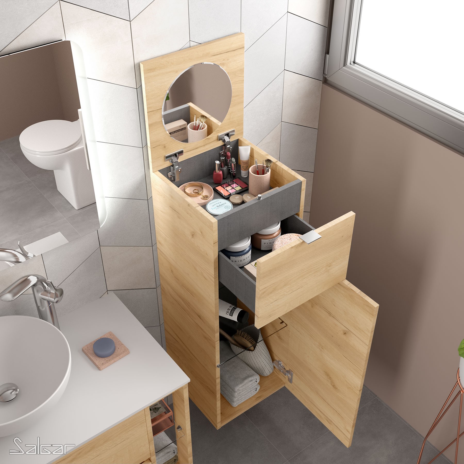 Coiffeuse de salle de bains Gamme PRO SALGAR ALLIANCE avec porte, tiroir et miroir pivotant CHÊNE AFRICAIN - Réf:91072