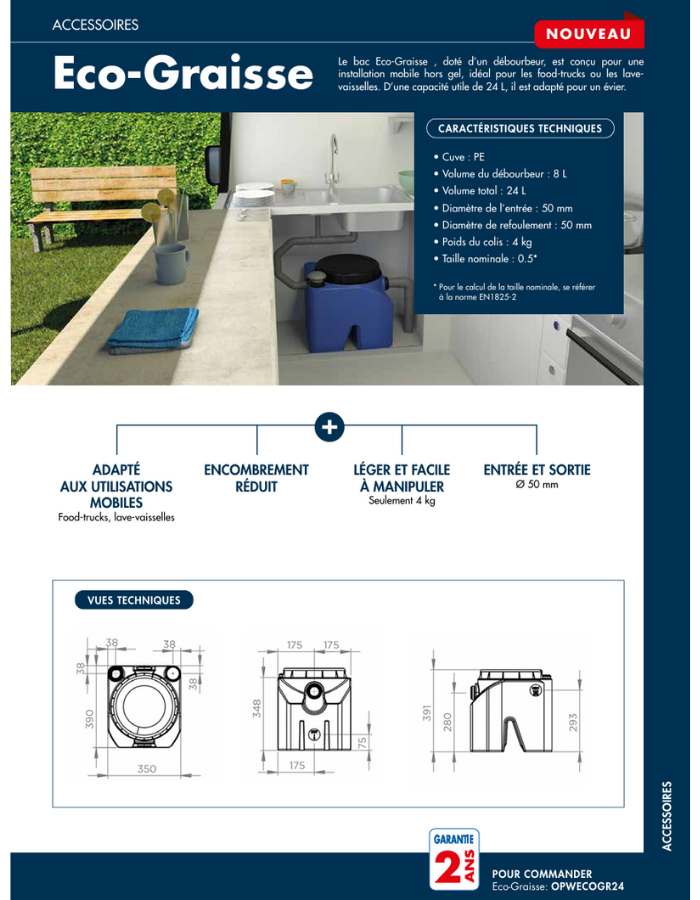 Bac à graisse à poser avec débourbeur WATERMATIC ÉCO-Graisse adapté aux food-trucks éviers ou lave vaisselles