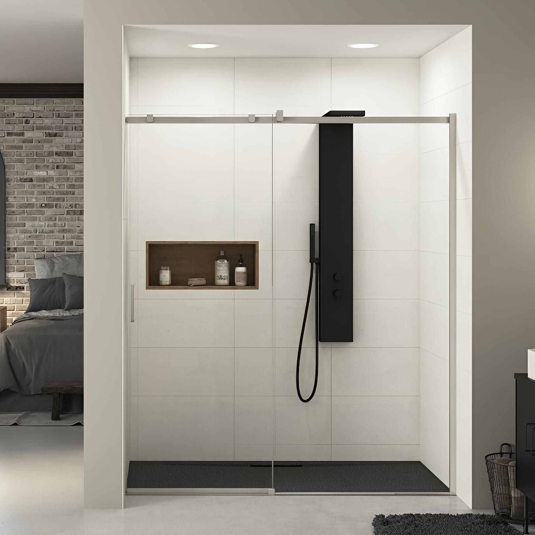 Paroi de douche coulissante et 1 fixe Kinedo EKINOX L1,60 m H 2,07 m inox brossé charnière à droite