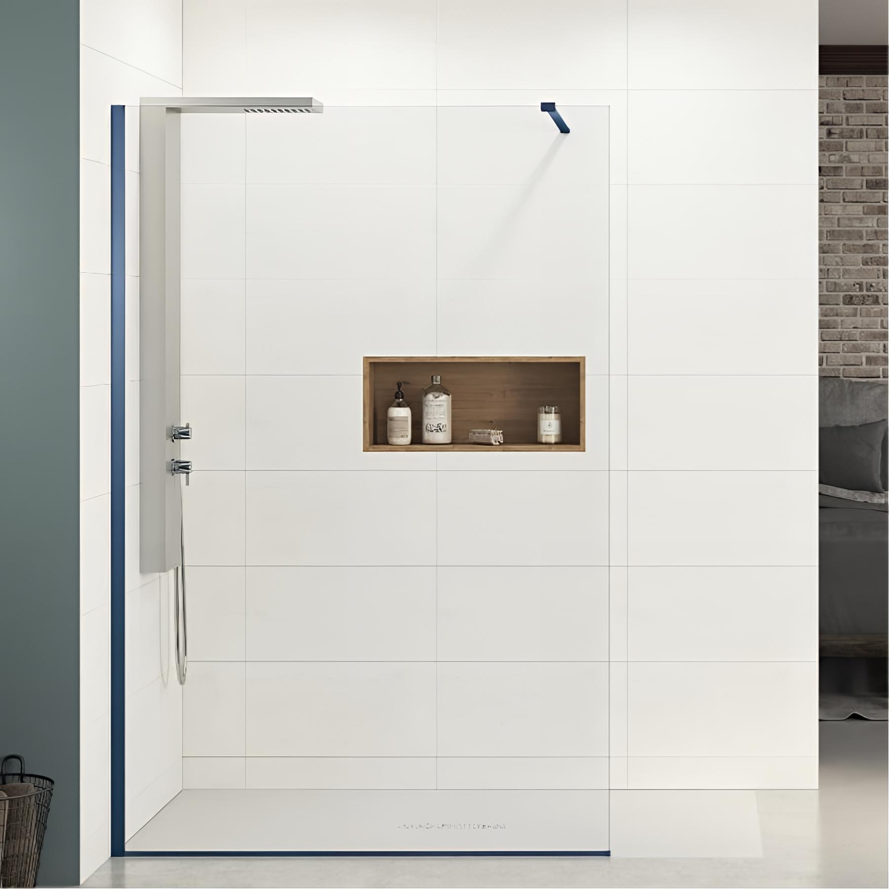 Paroi de douche fixe Kinedo EKINOX Solo L 90cm H 2,07 m bleu kobalt brossé barre haute