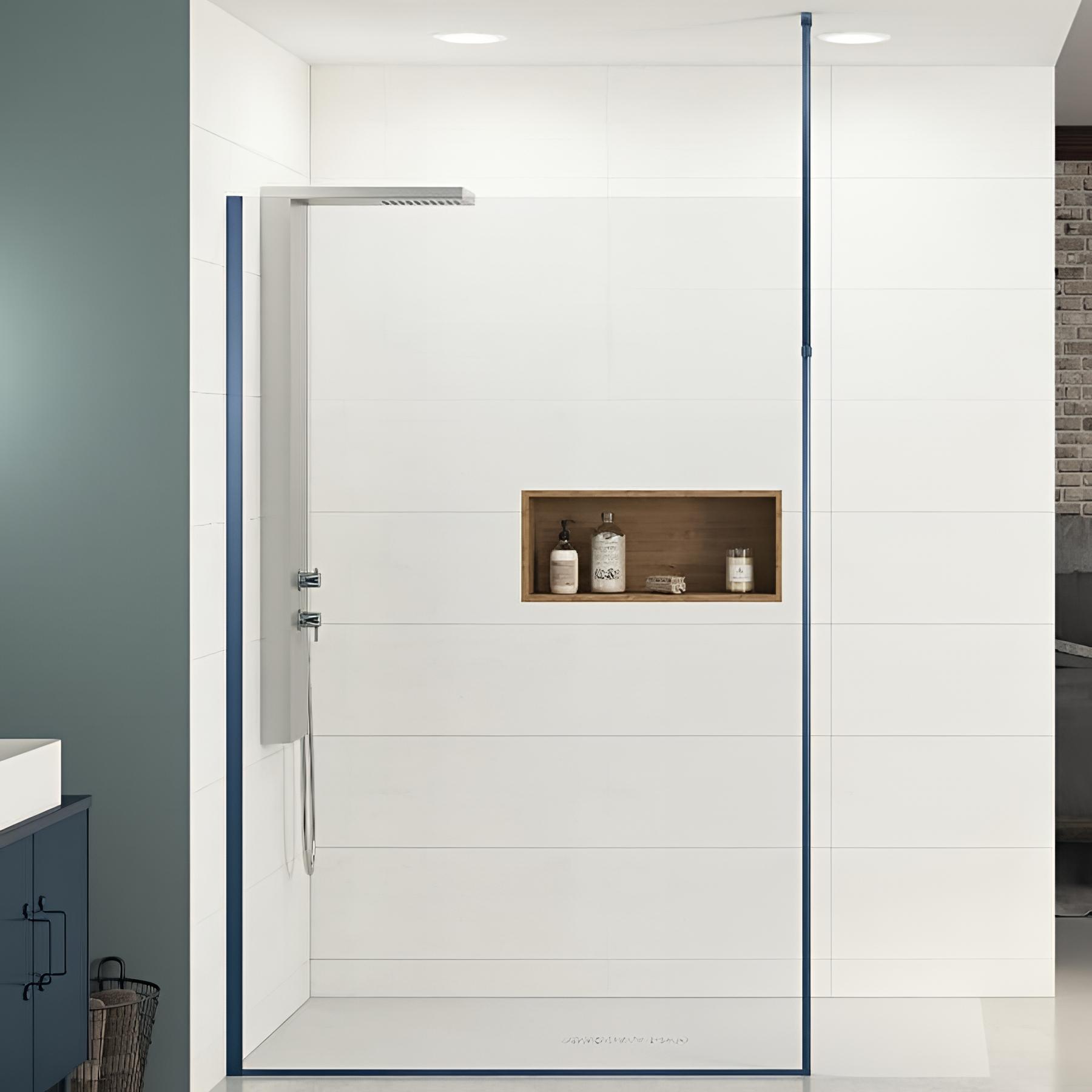 Paroi de douche fixe Kinedo EKINOX Solo L 1,20 m H 2,07 m bleu kobalt brossé mât sol/plafond