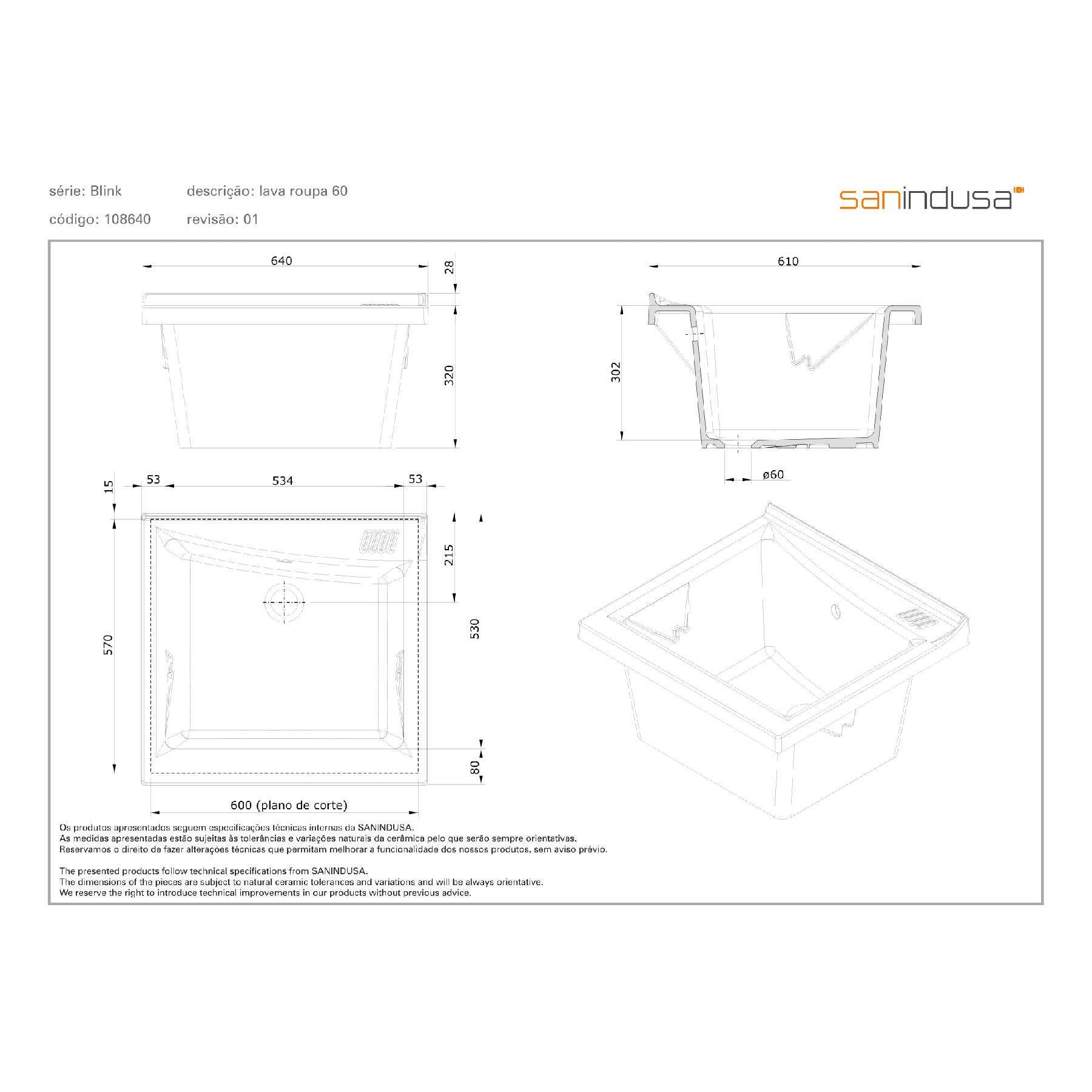 Bac à  laver vidoir céramique traditionnelle Gamme PRO SANINDUSA 64x53 H35 BLINK couleur blanc compatible avec meuble BLINK