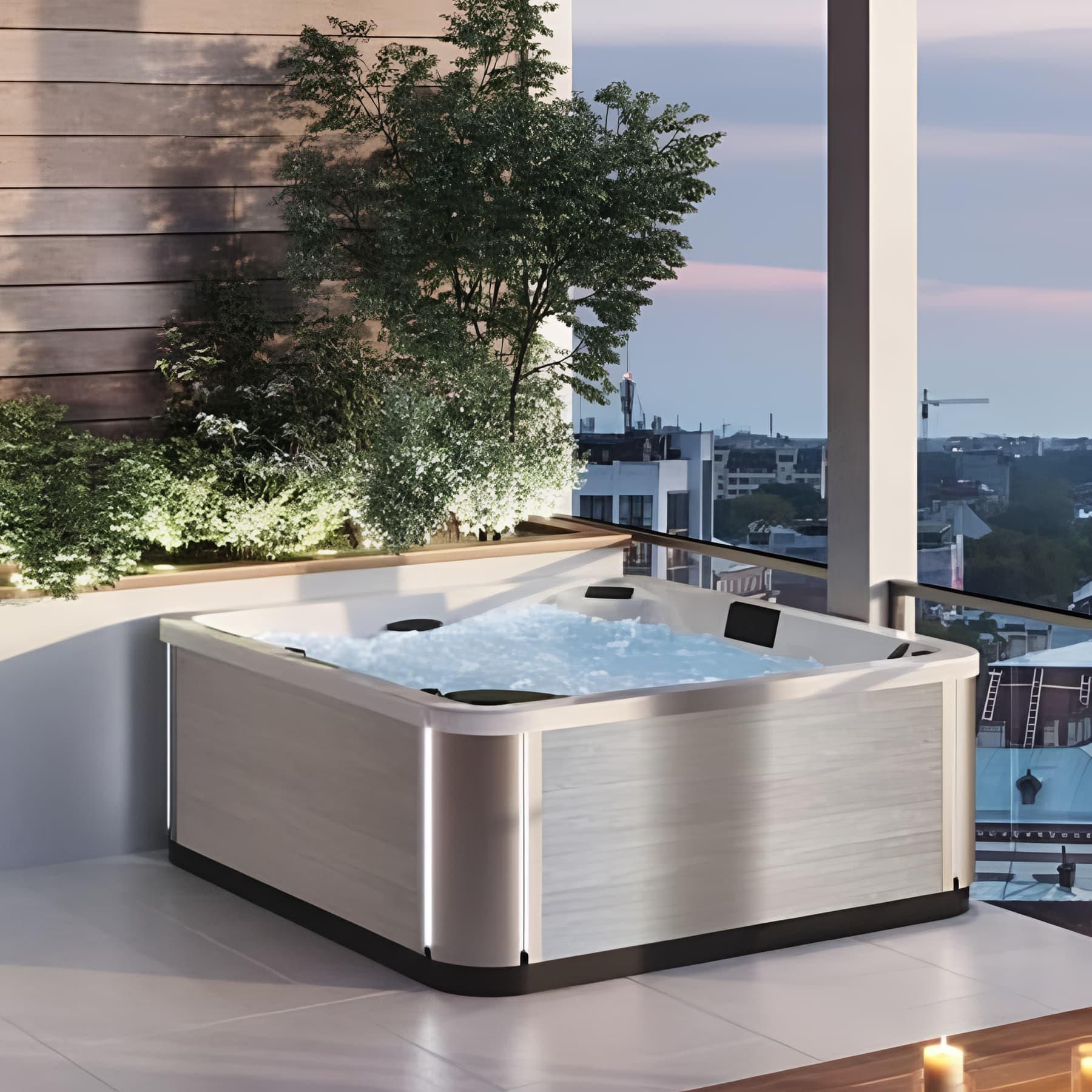 Happy Spa4  5 places coque blanche livré avec tablier BOIS couverture thermique et chromothérapie