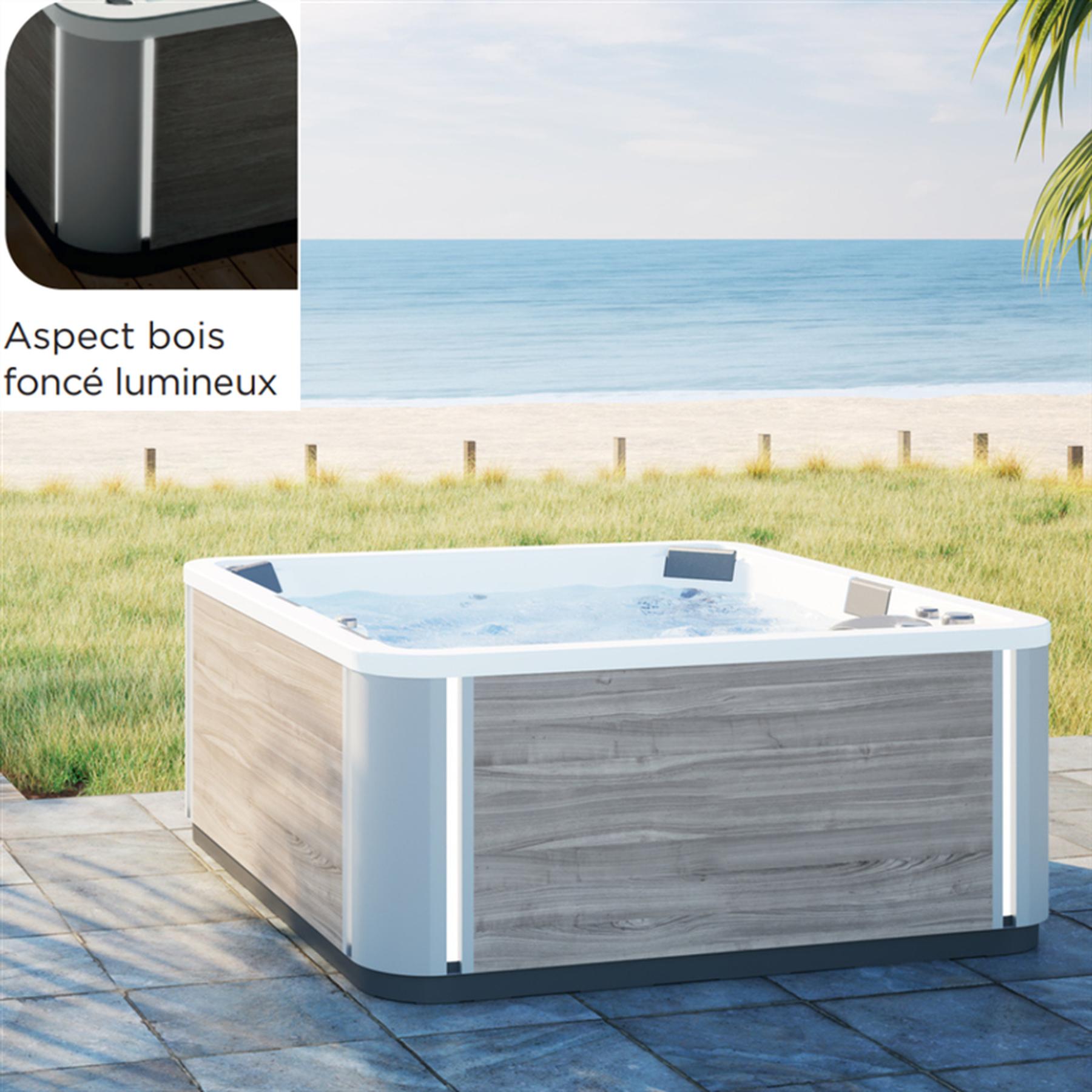 Happy Spa 5 places coque blanche livré avec tablier BOIS FONCE couverture thermique et chromothérapie