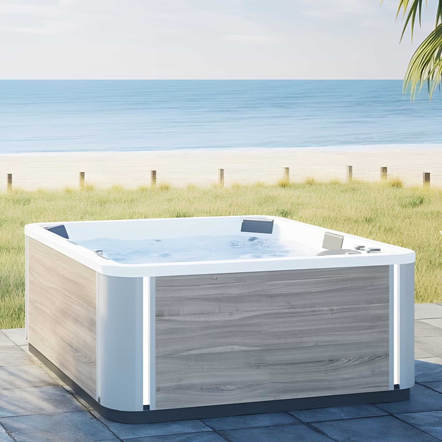 Happy Spa 5 places coque blanche livré avec tablier BOIS CLAIR couverture thermique et chromothérapie