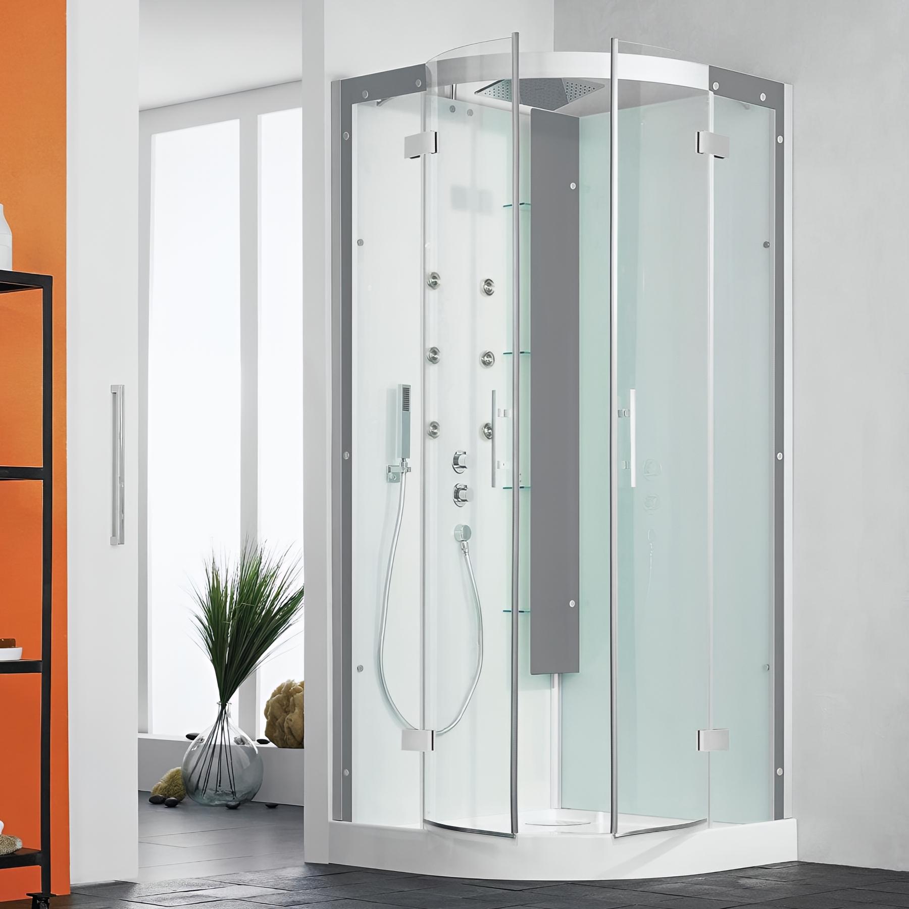 Cabine de douche hydromassante KINEDO HORIZON 90x90 1/4 de rond hauteur du receveur 12,5cm 2 portes pivotantes finition acier fabriquée en France